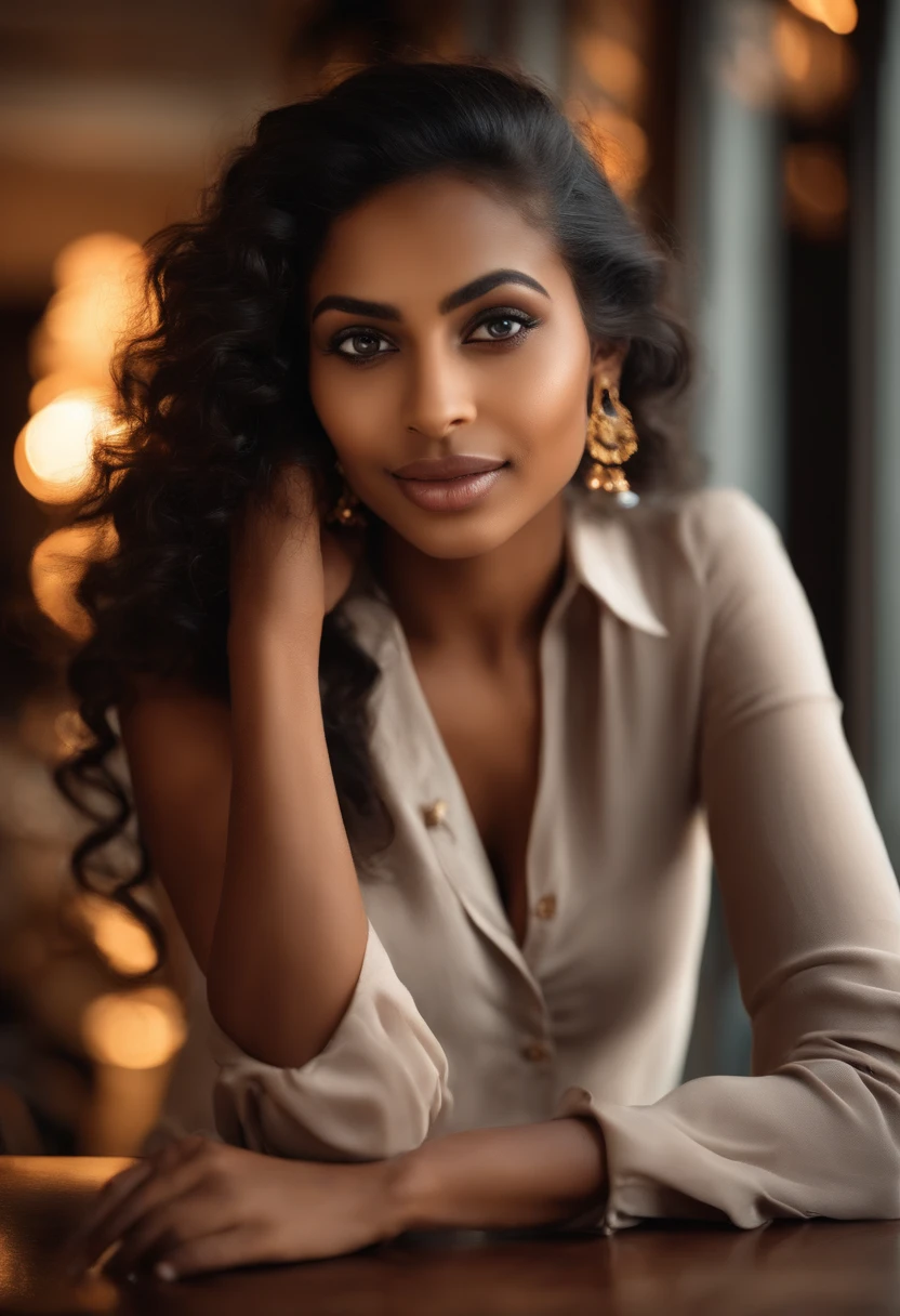 A Indian and African mix woman with dark skin with blue gray eye, big wavy hair , visage innocent, soft face, in a cafe in Paris beau visage attrayant, beautiful model girl, extremely beautiful face, very beautiful sexy girl, , beautiful girl model, photo of a beautiful woman, seductive girl, mignon beau, Very beautiful young woman, visage sexy avec maquillage complet, attractive female face!!!, magnifique visage attrayant lovely smile. tall necked indian jewelry's