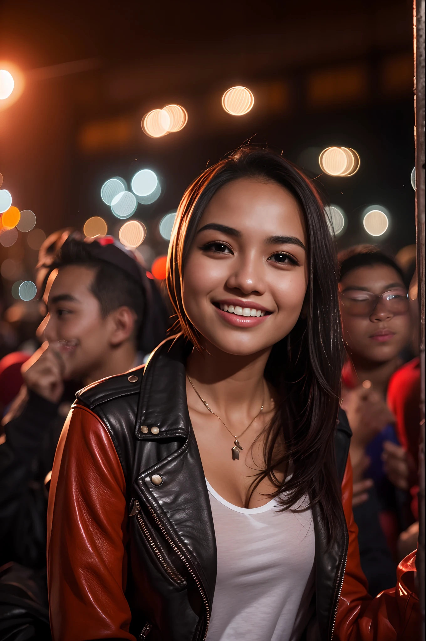 Portrait photography of a beautiful young malay girl in hijab wearing red tank top with leather jacket and white jeans watching a concert, nighttime, concert background, bright lighting, smile and happy gesture,