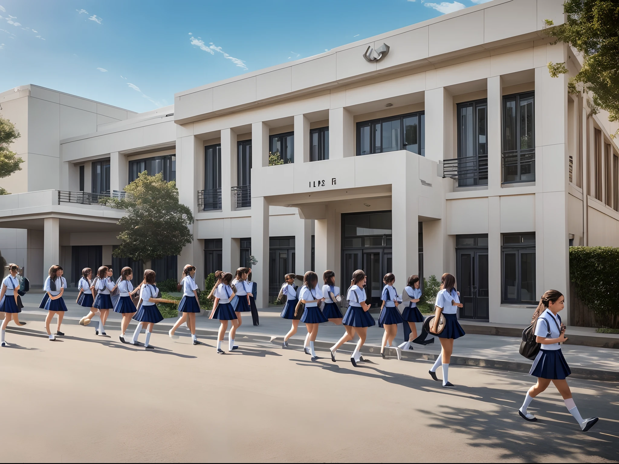 Students walking in line in front of a building with a clock on the ...