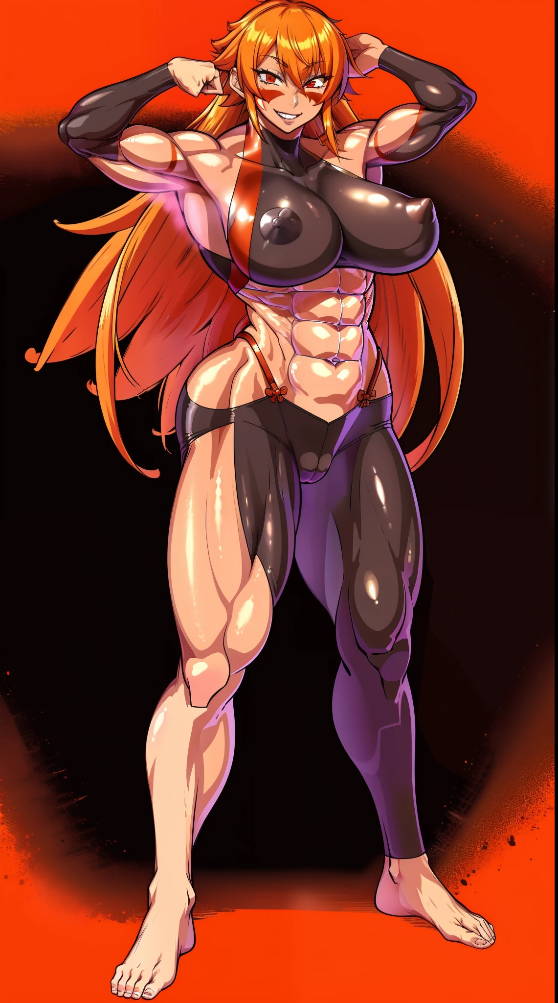fuuma kotarou, red eyes, face mark, body mark, long hair, orange hair, muscular female, abs, smile, full body, oil painting, vibrant colors, soft lighting, best quality, ultra-detailed, , portraits, warm color tone, full body, standing, feet, crazy smile,