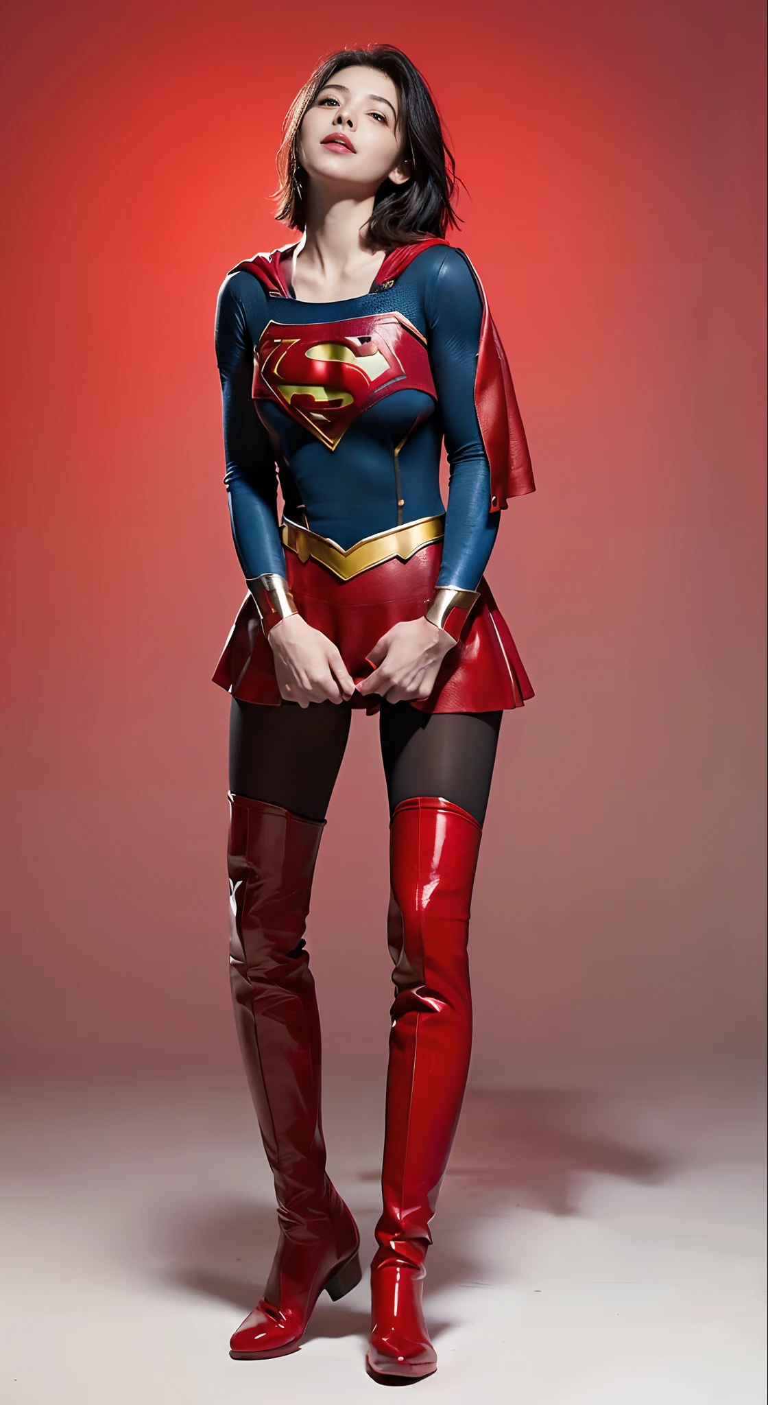 decedent、fainting、distressed look、My crotch hurts、Suffering、Done、defeated、Defeated by enemies、(((Wear black tights on your beautiful legs.)))、(((beauty legs)))、(((Painful look)))、((((Make the most of the original image)))、(((Supergirl Costume)))、(((Beautiful short hair、The hair)))、(((Suffering)))、(((Feet must necessarily be worn with black tights)))、(((You need to wear red boots)))、((Top image quality、8K))、((top-quality、8K、masterpiece:1.3))、(((Keep your background simple)))、Crisp focus:1.2、Beautiful woman with perfect body shape:1.4、Slender Abs:1.2、a wet body:1.5、Highly detailed facial and skin texture、8K、deathia、Keep your background simple
