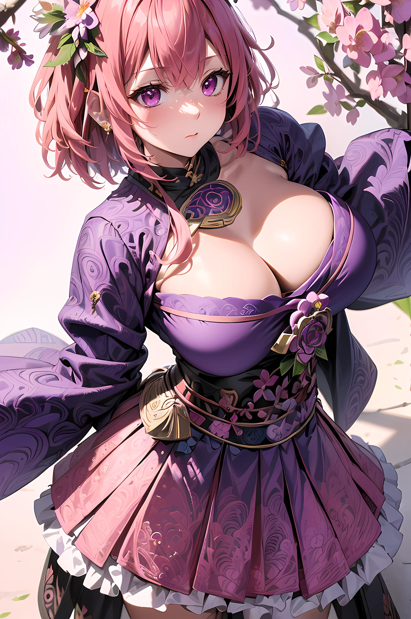 (Ultra-detailed background, Detailed background), absurderes, A high resolution, Ultra detailed, extremely detaile, 1girll, Yae Miko, Pink hair, Purple eyes, (bunch of flowers:1.3), (zentangle:1.2), (geomerty:1.2),(Colorful),