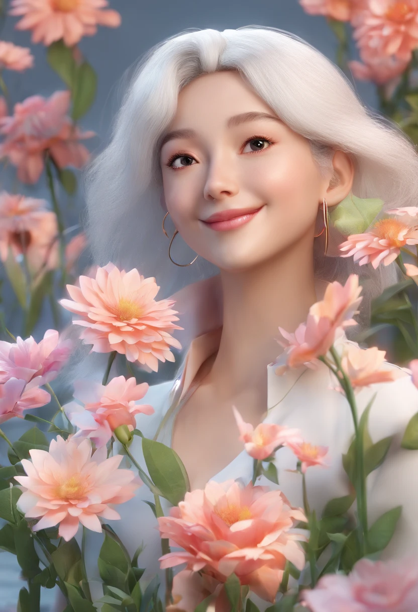 masutepiece, Best Quality, 1girl in, White hair, Smiling, Looking at Viewer, Adult, Fully mature, holding flowers