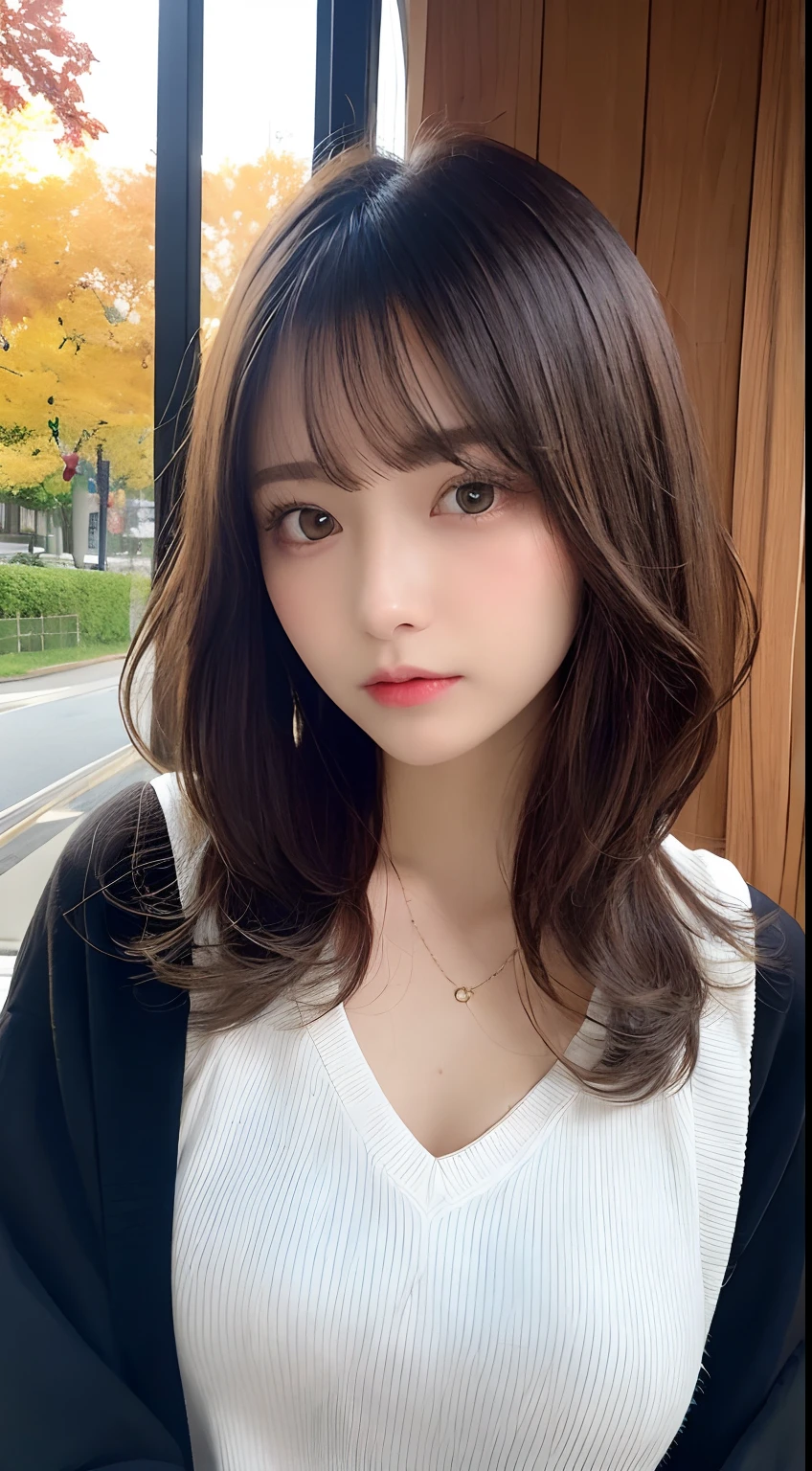 masutepiece, Best Quality, Illustration, Ultra-detailed, finely detail, hight resolution, 8K Wallpaper, Perfect dynamic composition, Beautiful detailed eyes, Women's Fashion Autumn,Medium Hair,Small breasts natural color lip,,Harajuku、20 years girl、Cute、Sexy shot looking at camera、autumnal、Wood Bright、Transparency、Sadness face、Color Sweep、Bleach Hair、inner colored、Contrasting hair color、The surface of the hair is black、Bleaching the inside of the hair、bobhair、Hair Tip Curl、Wet hair、Oversized sweatshirt、shorth hair