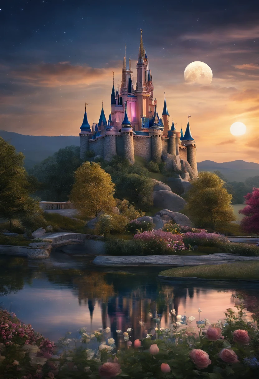 in a panoramic view,wide angles,Real-world realism,4k picture quality,Detailed description,Depiction of demeanor,Detail portrayal,(Romantic couple kissing in the wind),Starry night、Cinderella's castle、Castle panorama,large moon、Small clouds、Moonlight、Tranquil lake,Beautiful moon reflection、Ultra-realistic scenes、detaileds、Foto realism,Starry sky at night,Fireworks bloom in the sky,Spherical flowers explode,Colorful,The meadows are full of flowers,The wind blows the petals,Normal face,AI, disney land, futuristic