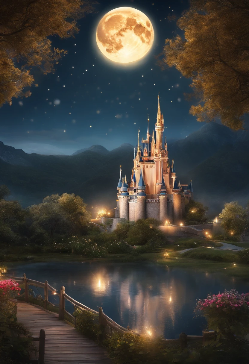in a panoramic view,wide angles,Real-world realism,4k picture quality,Detailed description,Depiction of demeanor,Detail portrayal,(Romantic couple kissing in the wind),Starry night、Cinderella's castle、Castle panorama,large moon、Small clouds、Moonlight、Tranquil lake,Beautiful moon reflection、Ultra-realistic scenes、detaileds、Foto realism,Starry sky at night,Fireworks bloom in the sky,Spherical flowers explode,Colorful,The meadows are full of flowers,The wind blows the petals,Normal face,AI, disney land, futuristic