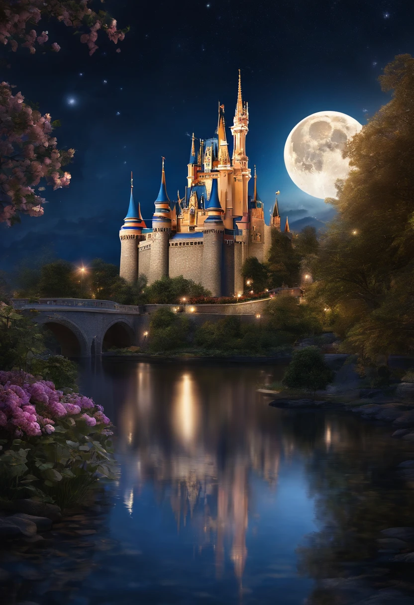 in a panoramic view,wide angles,Real-world realism,4k picture quality,Detailed description,Depiction of demeanor,Detail portrayal,(Romantic couple kissing in the wind),Starry night、Cinderella's castle、Castle panorama,large moon、Small clouds、Moonlight、Tranquil lake,Beautiful moon reflection、Ultra-realistic scenes、detaileds、Foto realism,Starry sky at night,Fireworks bloom in the sky,Spherical flowers explode,Colorful,The meadows are full of flowers,The wind blows the petals,Normal face,AI, disney land, futuristic