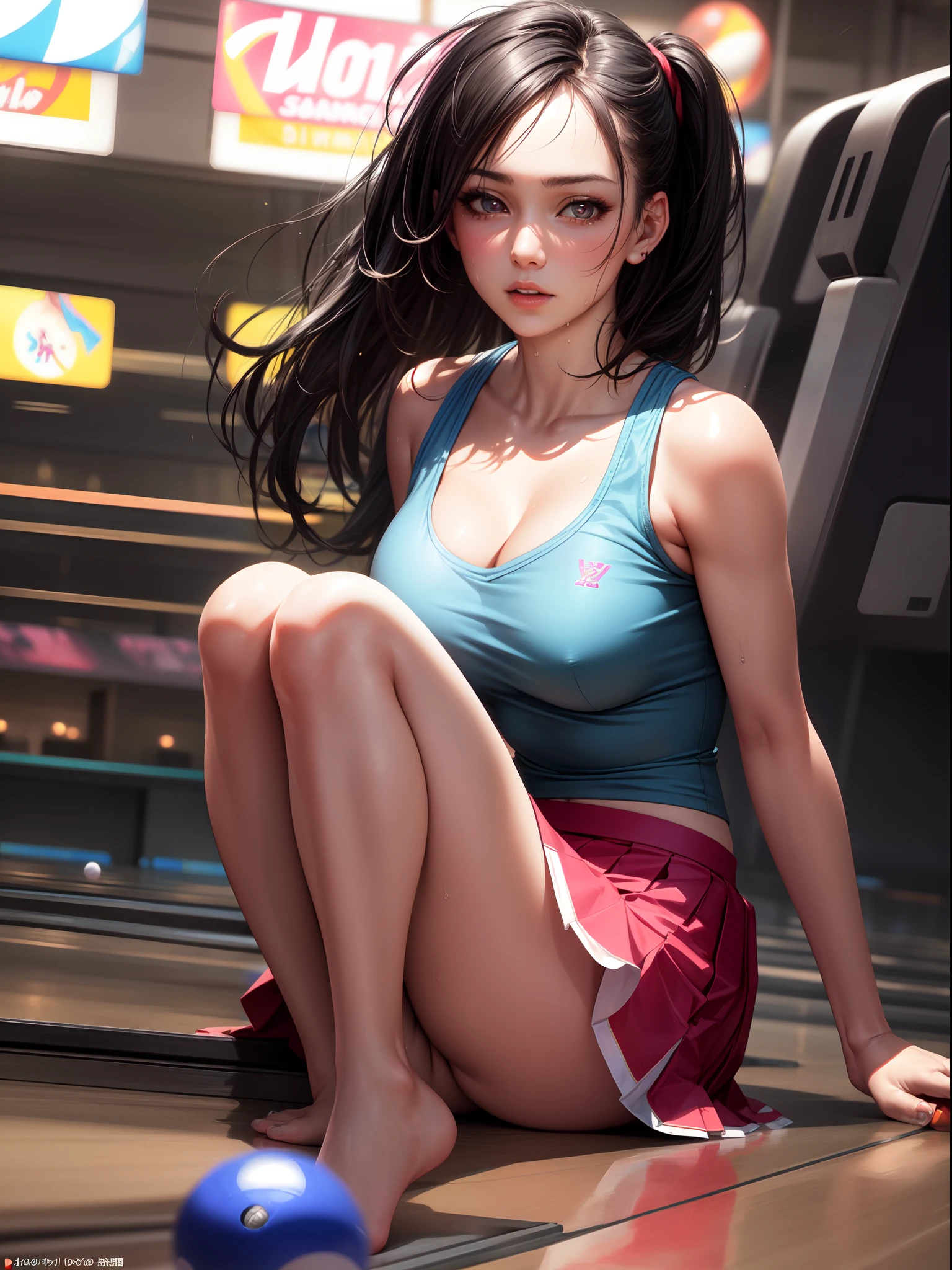 Best Quality, masutepiece, High resolution, (Photorealistic:1.4), Raw photo, 1 beautiful girl ,Female bowling players , Skirt,small head,Large breasts,nice legs, Glowing skin, Sweat,At the bowling competition venue,(Detailed beautiful face:1.4),detailed skins,Detailed eyes,detailed hairs,Cool,Beautiful,