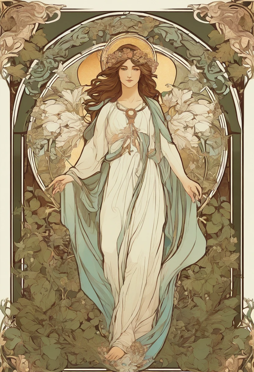 8K.Poster illustration in Alphonse Mucha style, Flat painting, jesus christ,Full body like,slenderbody,Barefoot,Art Nouveau, Plants in the background, nffsw, masutepiece, Alfonse Mucha, high details