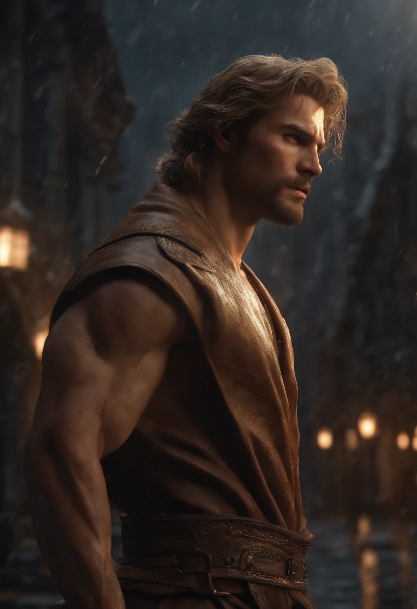 (Профессиональный 3D-рендер:1.3) af (Realistic:1.3) The most beautiful photo in the world,Soft and shiny male hero features, ((Epic fantasy heroes, Male muscle, Rough wet hero, angry look, Long hair, Short beard and energetic posture with intense facial expression, Fantastic location, Majestic and disorderly environment)), Рендеринг Full body 8K Unity, action shot, with pores skin, very dark lighting, Strong shading, A detailed, Detal Face, (vibration, The photos are realistic, Realistic, Dramatic, darkly, foco nítido, 8K), (Old leather clothes, Damaged by weather conditions:1.4), ((((Use skins)))), (复杂:1.4), decadent, (highly detailed:1.4), digitial painting, Octane rendering, art stations, concept-art, Liso, foco nítido, illustratio, The germ of art, (loish:0.23), wlop ilya kuvshinov, e Greg Rutkowski e Alphonse Mucha Gracias, (global ilumination, studiolight, Ambient light), very heavy rain, Floating particles, lotr, fanciful, biz, Inteiroesbian body, ((Dark and ancient background of the city:1.3)),CGSesocieda,art stations
