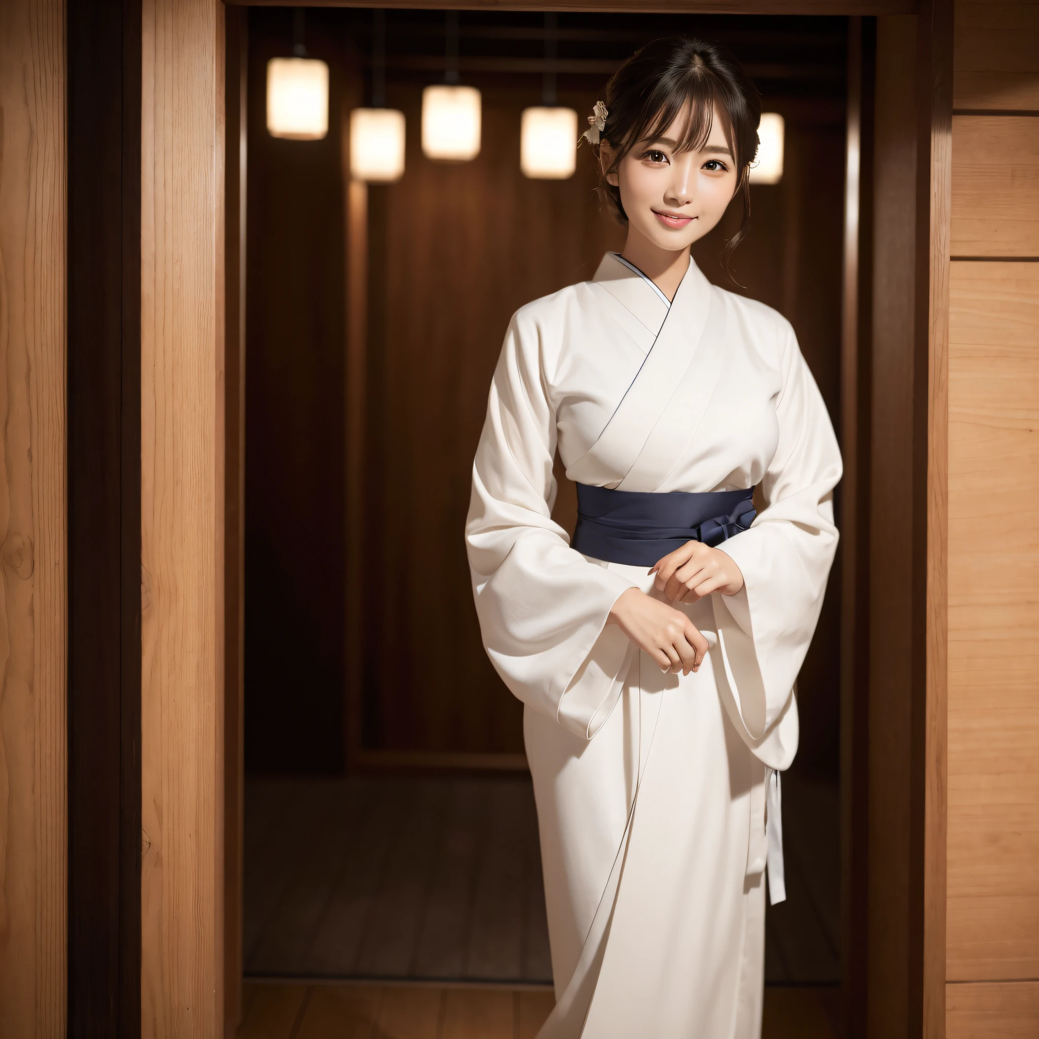 Beautiful woman in neat Japanese clothes、((best qualtiy、8k masterpieces:1.3))、foco nítido:1.2、(ultra beautiful faces:1.0)、(shinny skin:1.0)、photos realistic、A dark-haired、Video Lighting、High-definition eyes and face、Video Lighting、Japan Idol Actress、from the front side、medium breasts、Smile、Slender Abs Beauty、Whole body、In furisode
