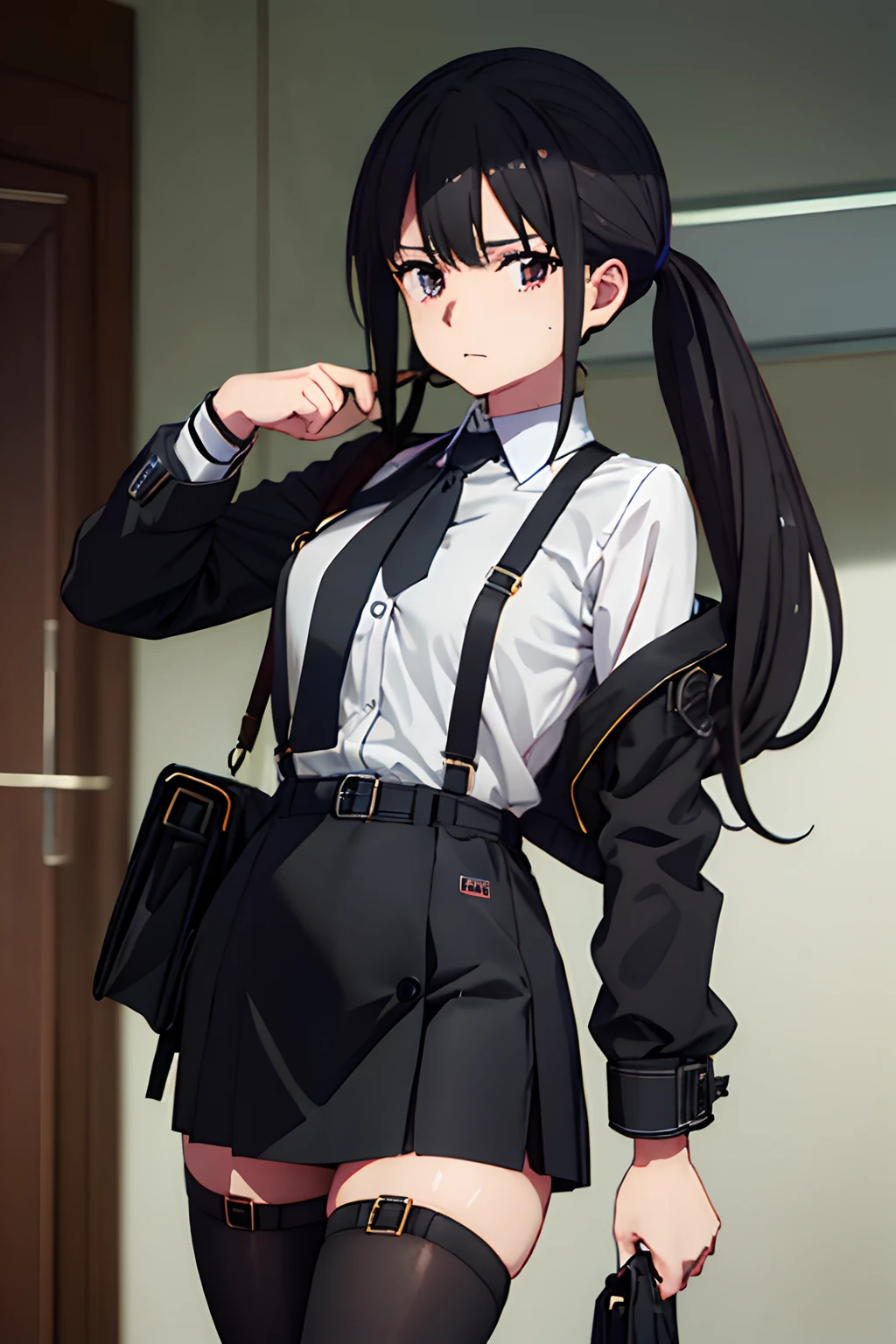 Suit,Collared shirt,Belt bag,Suspenders Black Miniskirt　garterbelts　knee high　Stockings　Black Niso　Colorcon armpit sweat　perspiring　Side of both hands,Black jacket,Gaze,ample bosom,Armpit sweat,Exposing the armpits"Tight clothes、Cuffed、wristbands