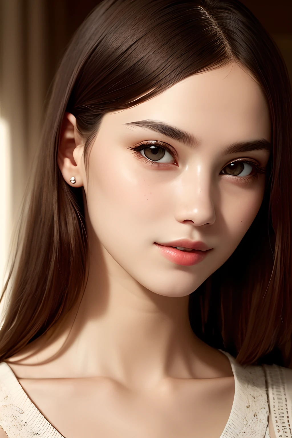 (Masterpiece), (Realistic), (best quality), (8K), ultra detailed, UHD, RAW, Spanish woman, tan:0.2, round face shape, dark brown hair, beautiful realistic wavy curly dark brown hair, dark brown eyes, dark brown almond symmetric beautiful realistic eyes, thin eyebrows:1.4, round eyebrows, beautiful symmetric nose, rounded nose-tip, thin nose-bridge, thin nostril, small delicate nose, ((round (feminine) cheeks)), (cheek dimples:1.35), thin lips, small mouth, rounded chin, transparent red lipstick, skin texture:1.2, wearing a black short strapless skater dress