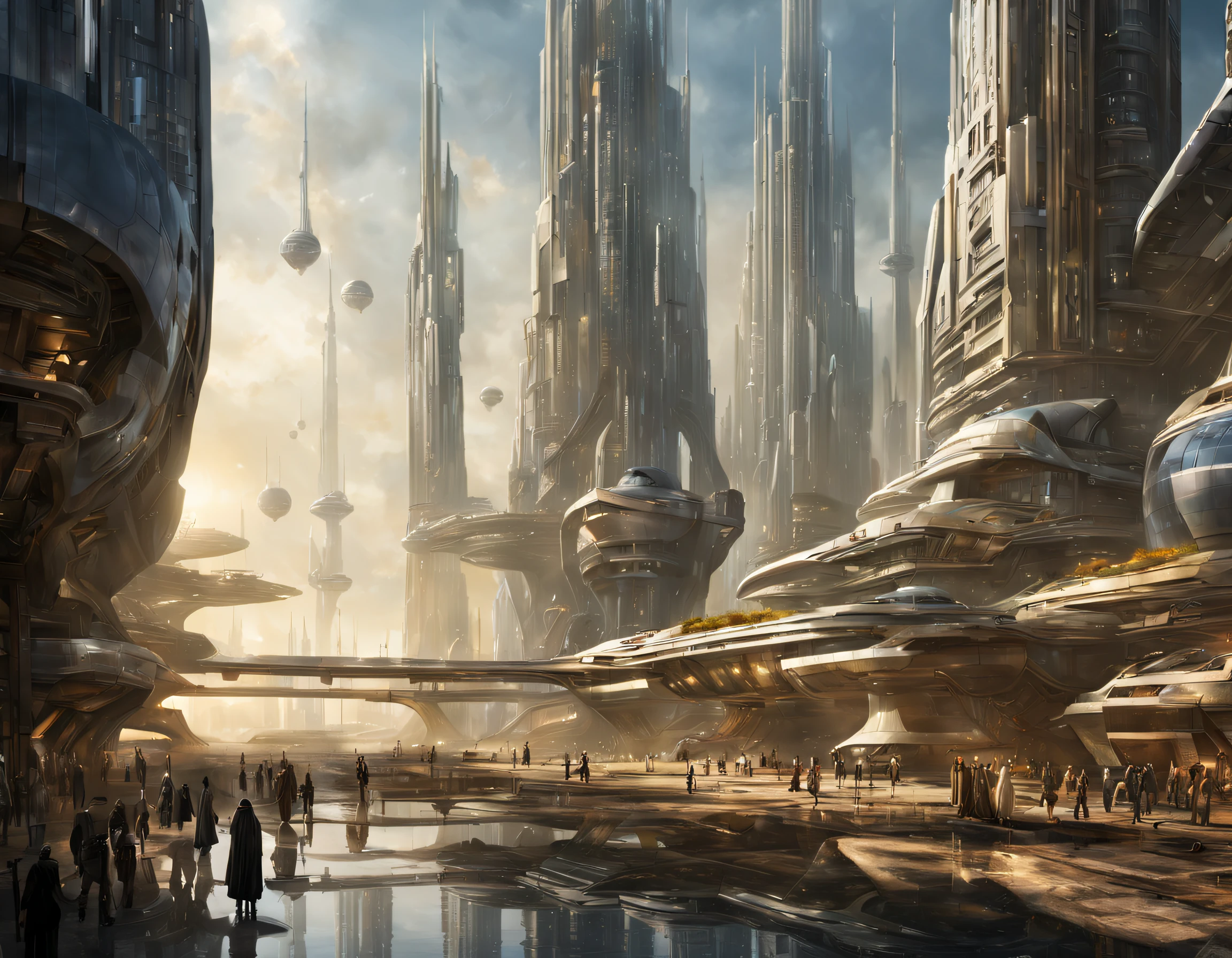 On an unknown planet lies a futuristic fantasy city with immense buildings of technological design (que forman una avenida infinita), con estructuras acristaladas en plata, oro y bronce espectaculares, (con colores vivos). pavimento ensolado (sin brillo). gente paseando. (similar a coruscant de star wars). imagen bien definida con muchos edificios juntos. imagen nitida bien definida 8k. los edificios llegan alta el fondo.