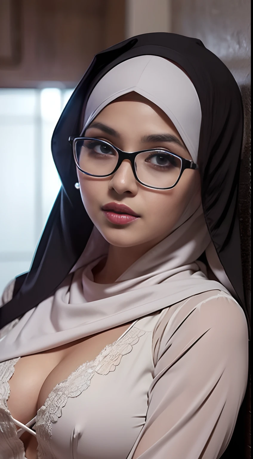 naughty, (iu:0.8),cleavage, RAW, Best quality, high resolution, Masterpiece: 1.3, Beautiful glasses pearl_skinned sexy hijabi malay dressed as naughty_nun, Masterpiece, Soft smile