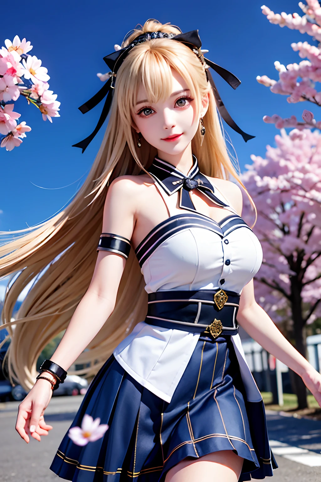 Masterpiece, Superb Style, Full Body, 1Girl, Bangs, Black Choker, Black Tie, Blonde Hair, Blue Skirt, Blush, Bracelet, Beautiful Breasts, Choker, Waist Dress, Collarbone, Collared Shirt, Denim Photos, Dress Shirt, Ear Piercings, Eyebrows Visible Through Hair, Gradient Hair, Grin, Gyaru, Jewelry, Kogal, Long Hair, Looking at the Audience, Loose Tie, Tie, Piercing, Plaid Skirt, Plaid Skirt, Pleated Skirt, Red Eyes, Ring, School Uniform, Shirt, Skirt, Smile, solo, white shirt, street, sky, cherry blossoms, petals, illustration, (magazine: 1.3), (cover style: 1.3), fashion, woman, vibrant, attire, pose, front, colorful, dynamic, background, element, confident, expressive, hold, statement, attachment, majestic, coiled, around, touch, scene, text, cover, bold, eye-catching, title, fashion, font, catchy, title, bigger, eye-catching, modern, stylish, focused, stylish, black stockings