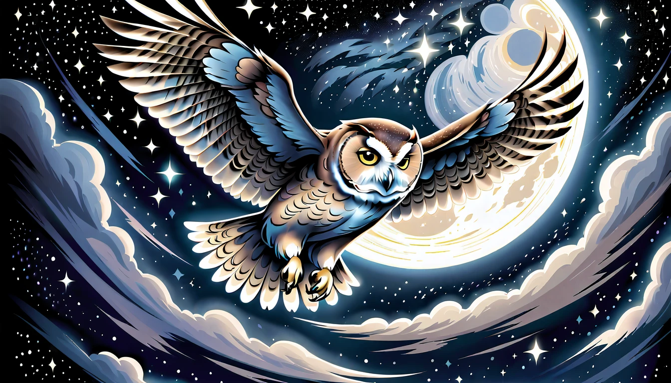 (((soaring through the night sky owl art))), elegant, fantastic, beautiful moon and starry sky, emerges gracefully from the depths darkness, captures every lustrous aspect, meticulously detailed digital painting, (((radiosity rendered in stunning 32k resolution, :1.3))),
