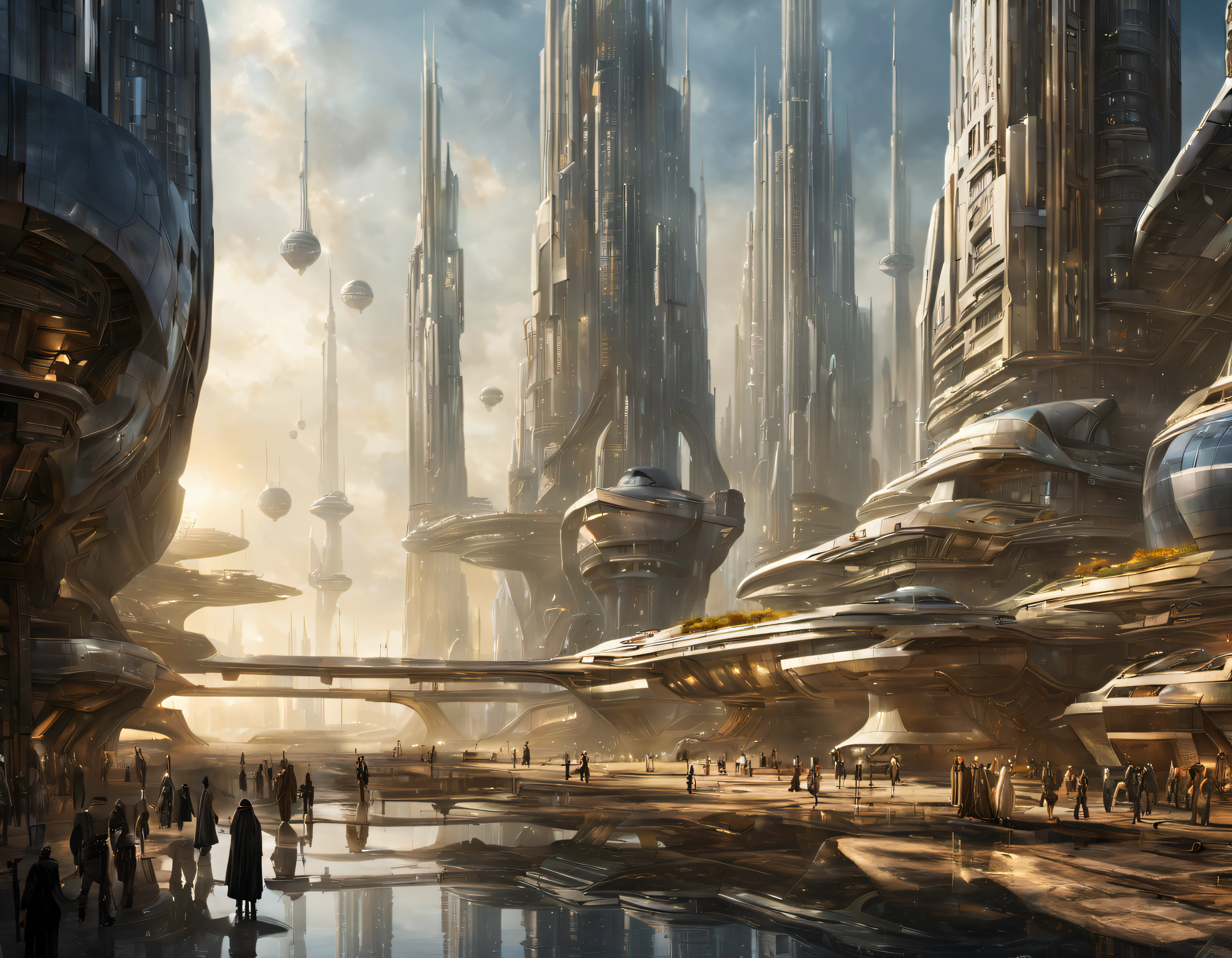 On an unknown planet lies a futuristic fantasy city with immense buildings of technological design (que forman una avenida infinita), con estructuras acristaladas en plata, oro y bronce espectaculares, (con colores vivos). pavimento ensolado (sin brillo). gente paseando. (similar a coruscant de star wars). imagen bien definida con muchos edificios juntos. imagen nitida bien definida 8k. los edificios llegan alta el fondo.