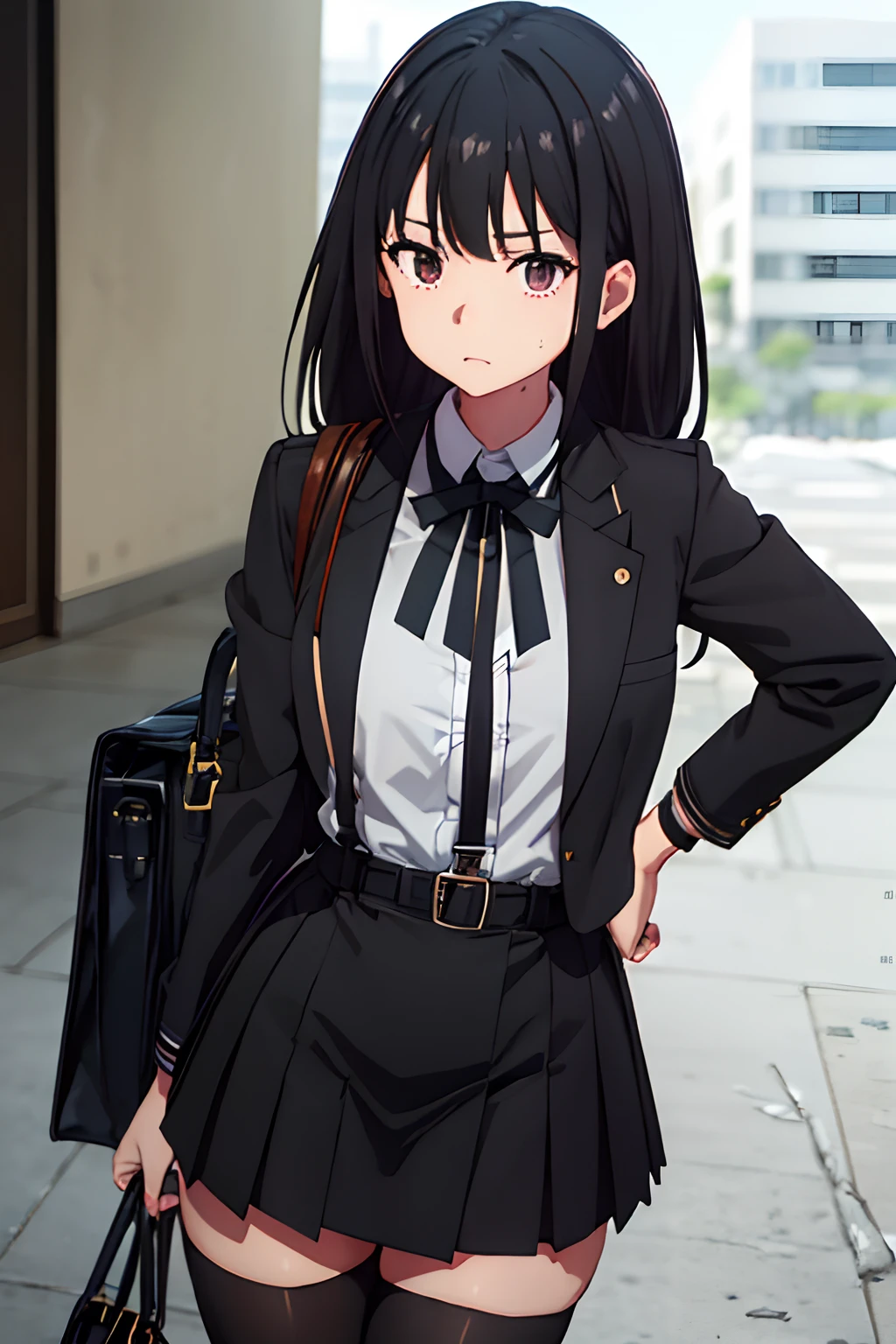 Suit,Collared shirt,Belt bag,Suspenders Black Miniskirt garterbelts knee high Stockings Black Niso Colorcon armpit sweat perspiring Side of both hands,Black jacket,Gaze,ample bosom,Armpit sweat,Exposing the armpits"Tight clothes、、Wristband Bangs Center Parted White mask
