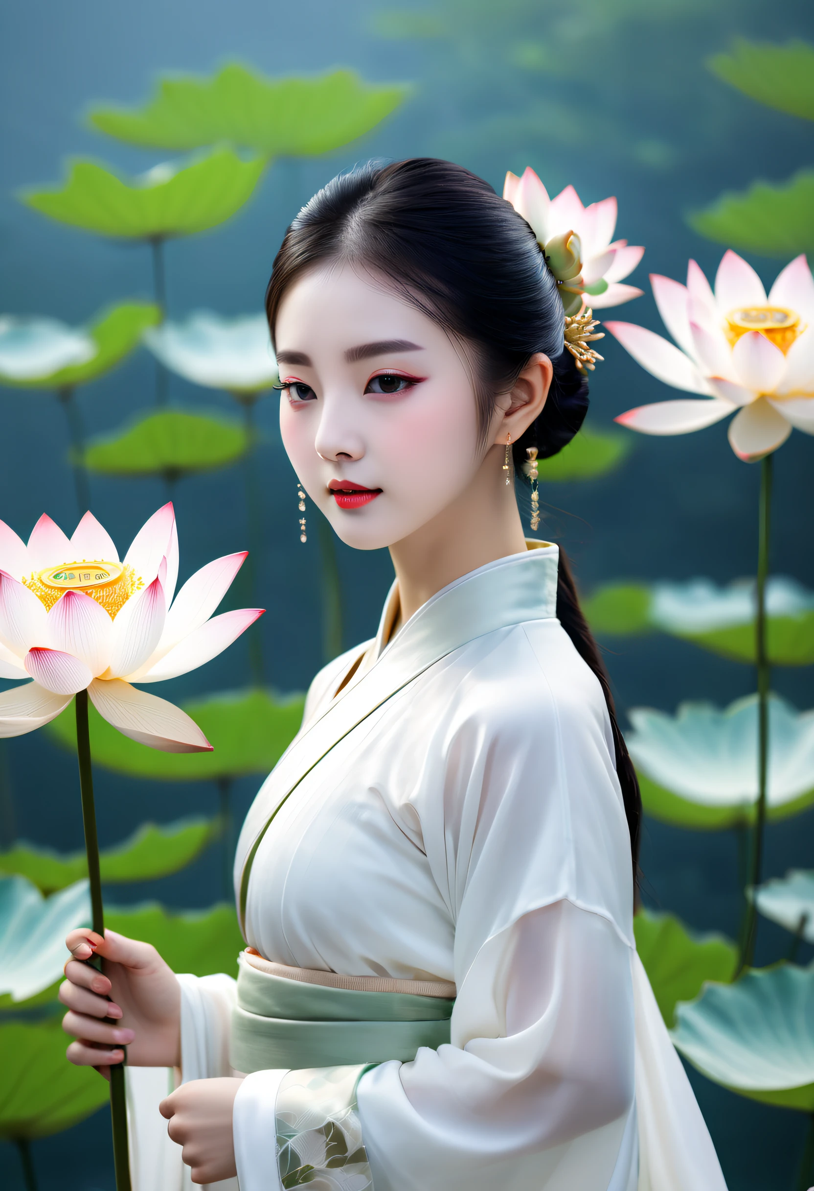 A Chinese girl wearing a white Hanfu, close-up of a large lotus flower, elegant balance, influenced by ancient Chinese art, white,