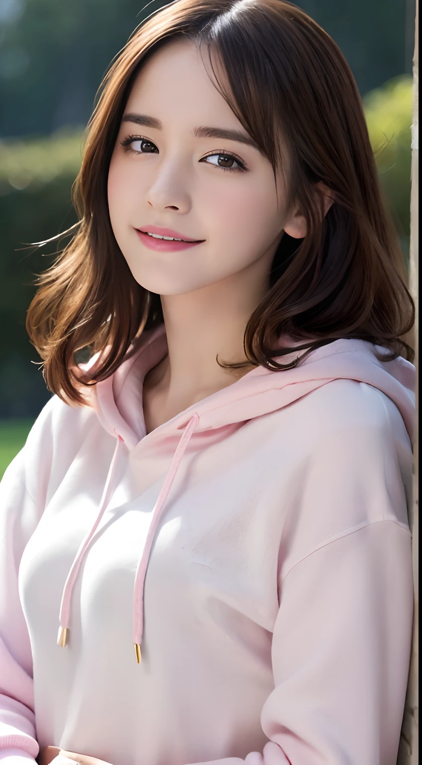 (A hyper-realistic), (hight resolution), (8K), (ighly detailed),  (beatiful detailed eyes), (top-quality), (ultra-detailliert), (​masterpiece), (A detailed face), softfocus、face of emma watson、Colossal tits、japanes、a park、Petting a cute dog、JINS、Light pink hoodie、A smile