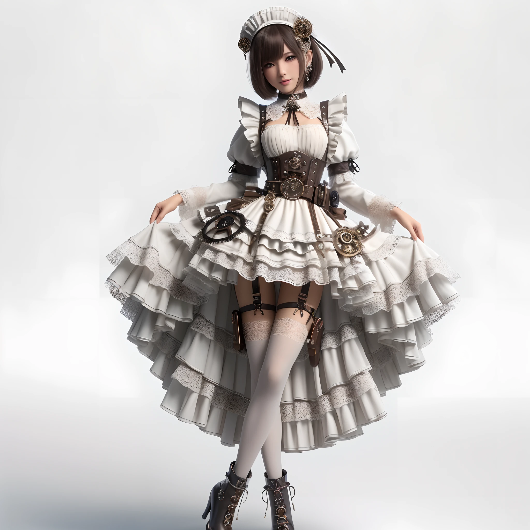 araffe dressed in a white dress and hat posing for a picture, 3 d render character art 8 k, render of a cute 3d anime girl, in detailed steampunk dress, steampunk beautiful anime woman, anime girl in a maid costume, render of april, render of mirabel madrigal, highly detailed character, photorealistic anime girl render