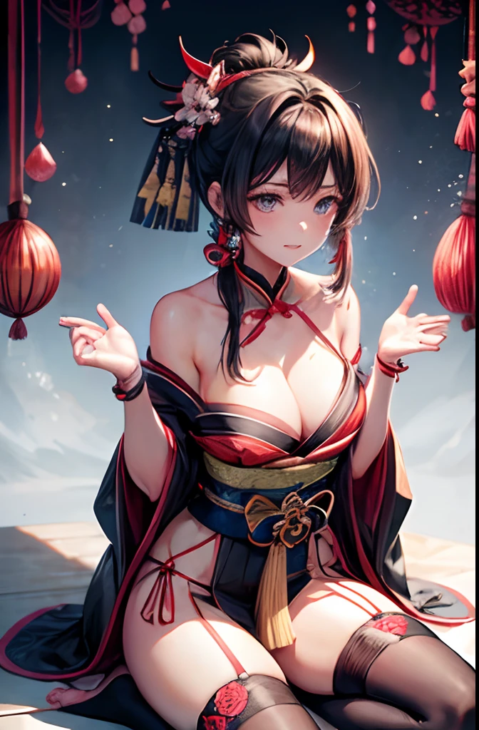 masterpiece、best、Hi-Res、1 female、A dark-haired、Medium Hair、Asymmetrical hair、Floating hair、blindfolds、High Ponytail、side locks、hair adornments、Fish hair ornament、tassels、Kanzashi、bangss、light blue eyes、Beginning、ssmile, tusk, Only the upper teeth, a choker, a red choker, Pendant Choker, Butterfly Choker, 鎖骨, The tattoo, Chest Tattoo, Flower tattoo, cleavage of the breast, middlebreasts, thighs thighs thighs thighs, bandaged, Bandaged Legs, sarashi, Budget Sarashi, Breast sarashi, Black sash、 Hadanugi Dosa 、 Broomstick 、 Komono 、 Kimono 、 Drawstring 、 Obi 、 Obiage 、 Obi tightening 、 Orange kimono 、 Drawstring 、 Patterned kimono 、 noose 、 Obi 、 Shimenawa 、 Short kimono 、 Piece bare shoulders 、 phantom(Genshin) 、 East Asian Architecture 、cherry trees, full body Esbian, crouching down, sparkler fireworks, natta, sparklers, sparklers, cross one's legs, an legs, single glove, Single fingerless gloves, wristbands, Black socks,