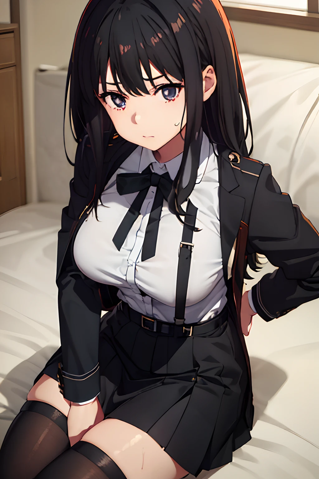 Suit,Collared shirt,Belt bag,Suspenders Black Miniskirt garterbelts knee high Stockings Black Niso Colorcon armpit sweat perspiring Side of both hands,Black jacket,Gaze,ample bosom,Armpit sweat,Exposing the armpits"Tight clothes、Cuffed、wristbands Lying on the bed zip ties on your thumb