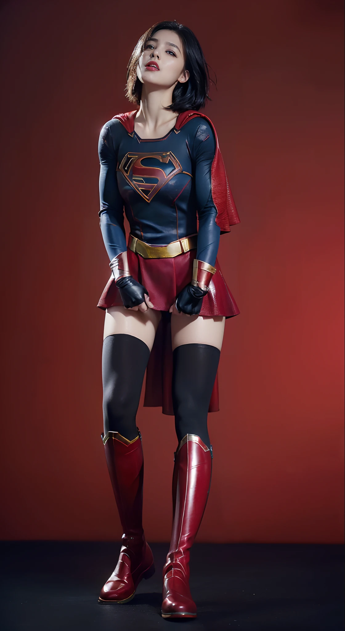 distressed look、My crotch hurts、Fainting、Suffering、Done、defeated、Defeated by enemies、(((Wear black tights on your beautiful legs.)))、(((beauty legs)))、(((Painful look)))、((((Make the most of the original image)))、(((Supergirl Costume)))、(((Beautiful short hair、The hair)))、(((Suffering)))、(((Feet must necessarily be worn with black tights)))、(((You need to wear red boots)))、((Top image quality、8K))、((top-quality、8K、​masterpiece:1.3))、(((Keep your background simple)))、Crisp focus:1.2、Beautiful woman with perfect body shape:1.4、Slender Abs:1.2、a wet body:1.5、Highly detailed facial and skin texture、8K