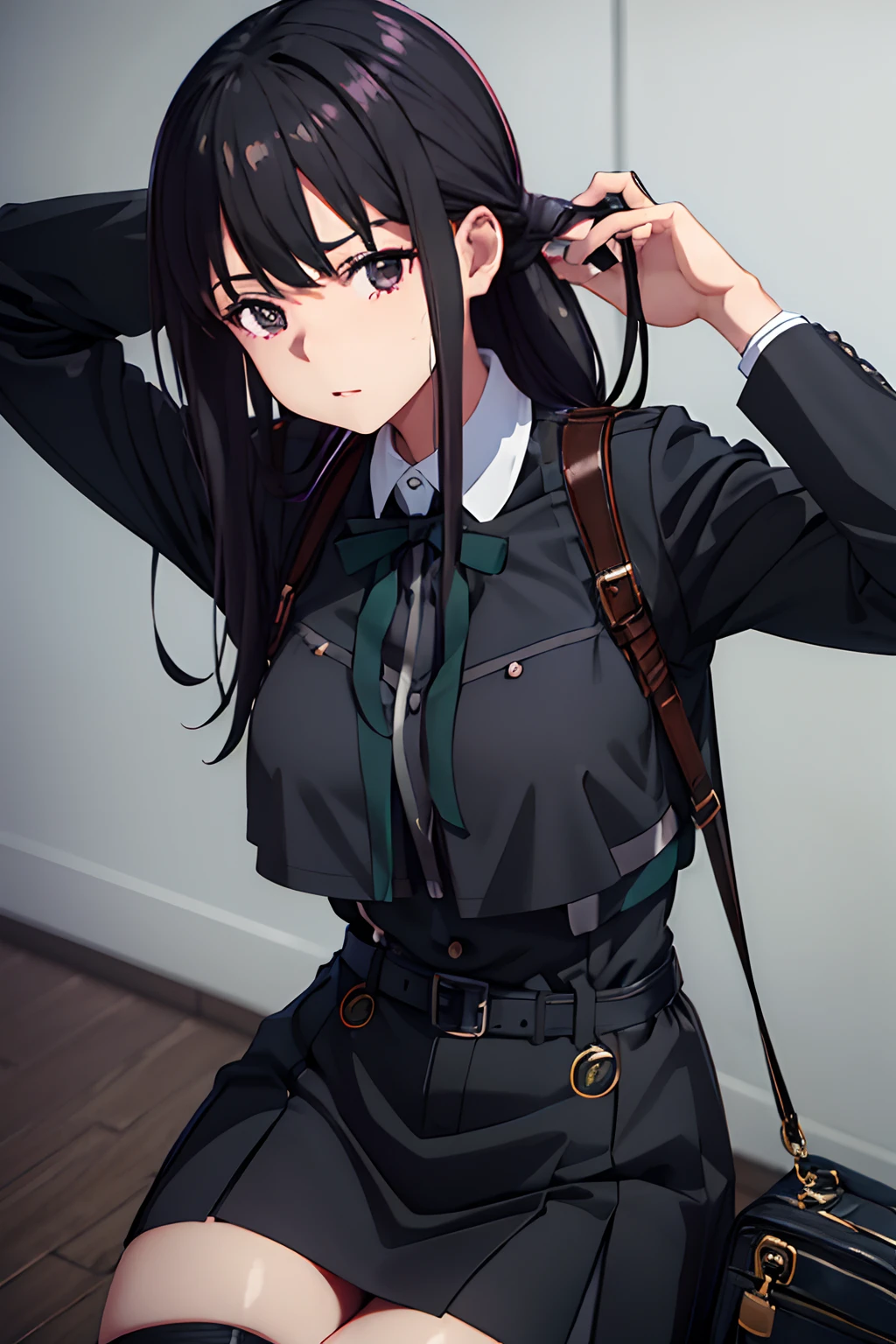 Suit,Collared shirt,Belt bag,Suspenders Black Miniskirt　garterbelts　knee high　Stockings　Black Niso　Colorcon armpit sweat　perspiring　Side of both hands,Black jacket,Gaze,ample bosom,Armpit sweat,Exposing the armpits"Tight clothes、Cuffed、wristbands