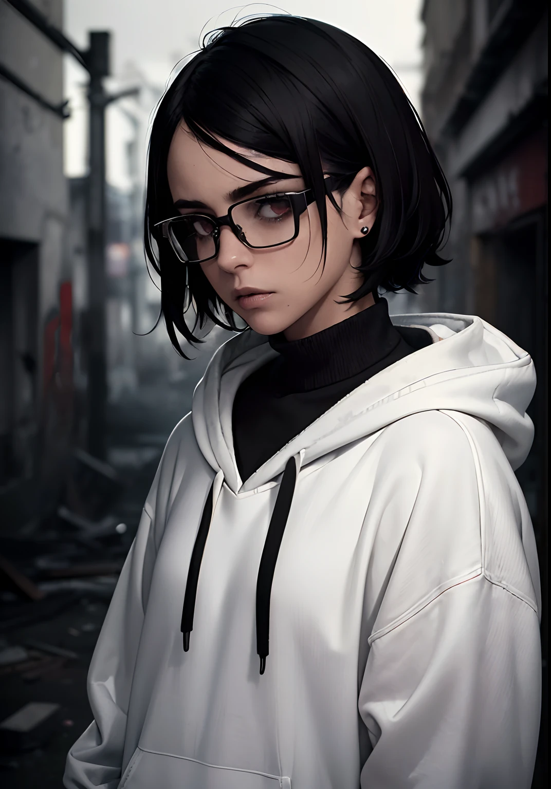 (very short black hair,square glasses,white sweater,hood,drug addict), illustrations, urban decay, abandoned building, graffiti, gloomy atmosphere, dim lighting, intense emotions, gritty texture, high contrast, desaturated colors. (best quality,ultra-detailed,realistic), dark and edgy style, monochromatic color scheme