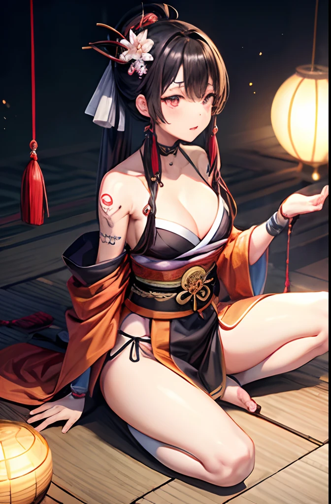 ​masterpiece、best、Hi-Res、1 female、A dark-haired、Medium Hair、Asymmetrical hair、Floating hair、blindfolds、High Ponytail、side locks、hair adornments、Fish hair ornament、tassels、Kanzashi、bangss、light blue  eyes、Beginning、ssmile, tusk, Only the upper teeth, a choker, a red choker, Pendant Choker, Butterfly Choker, 鎖骨, The tattoo, Chest Tattoo, Flower tattoo, cleavage of the breast, middlebreasts, thighs thighs thighs thighs, bandaged, Bandaged Legs, sarashi, Budget Sarashi, Breast sarashi, Black sash、 Hadanugi Dosa 、 Broomstick 、 Komono 、 Kimono 、 Drawstring 、 Obi 、 Obiage 、 Obi tightening 、 Orange kimono 、 Drawstring 、 Patterned kimono 、 noose 、 Obi 、 Shimenawa 、 Short kimono 、 Piece bare shoulders 、 phantom（Genshin） 、 East Asian Architecture 、cherry trees, full body Esbian, crouching down, sparkler fireworks, natta, sparklers, sparklers, cross one's legs, an legs, single glove, Single fingerless gloves, wristbands, Black socks,