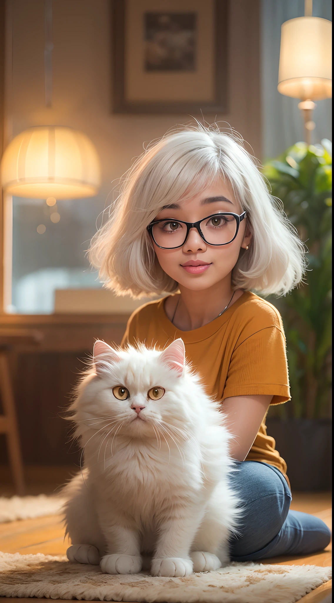 Design a heartwarming scene as the young Malay woman interacts with her beloved cat pet, big fluffy white persian cat, beautiful woman with beautiful small petite body, wear glasses, short white hair, bob haircut with bangs, small petite body, showcasing the bond between them in a cozy home setting, bright lighting, happy, 8k, high quality, ray lighting,