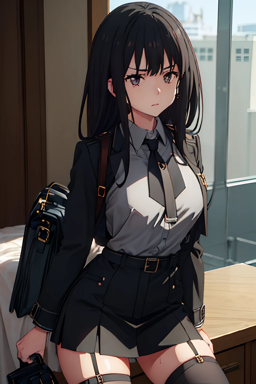 Suit,Collared shirt,Belt bag,Suspenders Black Miniskirt　garterbelts　knee high　Stockings　Black Niso　Colorcon armpit sweat　perspiring　Side of both hands,Black jacket,Gaze,ample bosom,Armpit sweat,Exposing the armpits"Tight clothes、Cuffed、wristbands