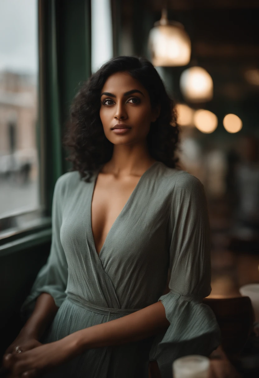 wearing one piece, in a cafe, closeup shot, full body, (high detailed skin:1.2),extremely detailed, 22 year old woman, 8k, with a man, High Detail, Sharp focus, modelshot, standing, black hair, indian woman