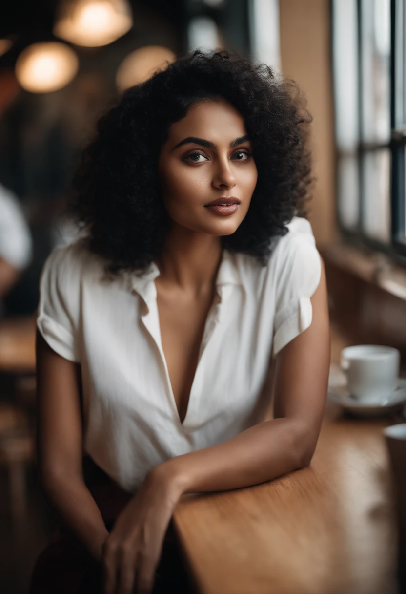 wearing one piece, in a cafe, closeup shot, full body, (high detailed skin:1.2),extremely detailed, 22 year old woman, 8k, with a man, High Detail, Sharp focus, modelshot, standing, black hair, indian woman