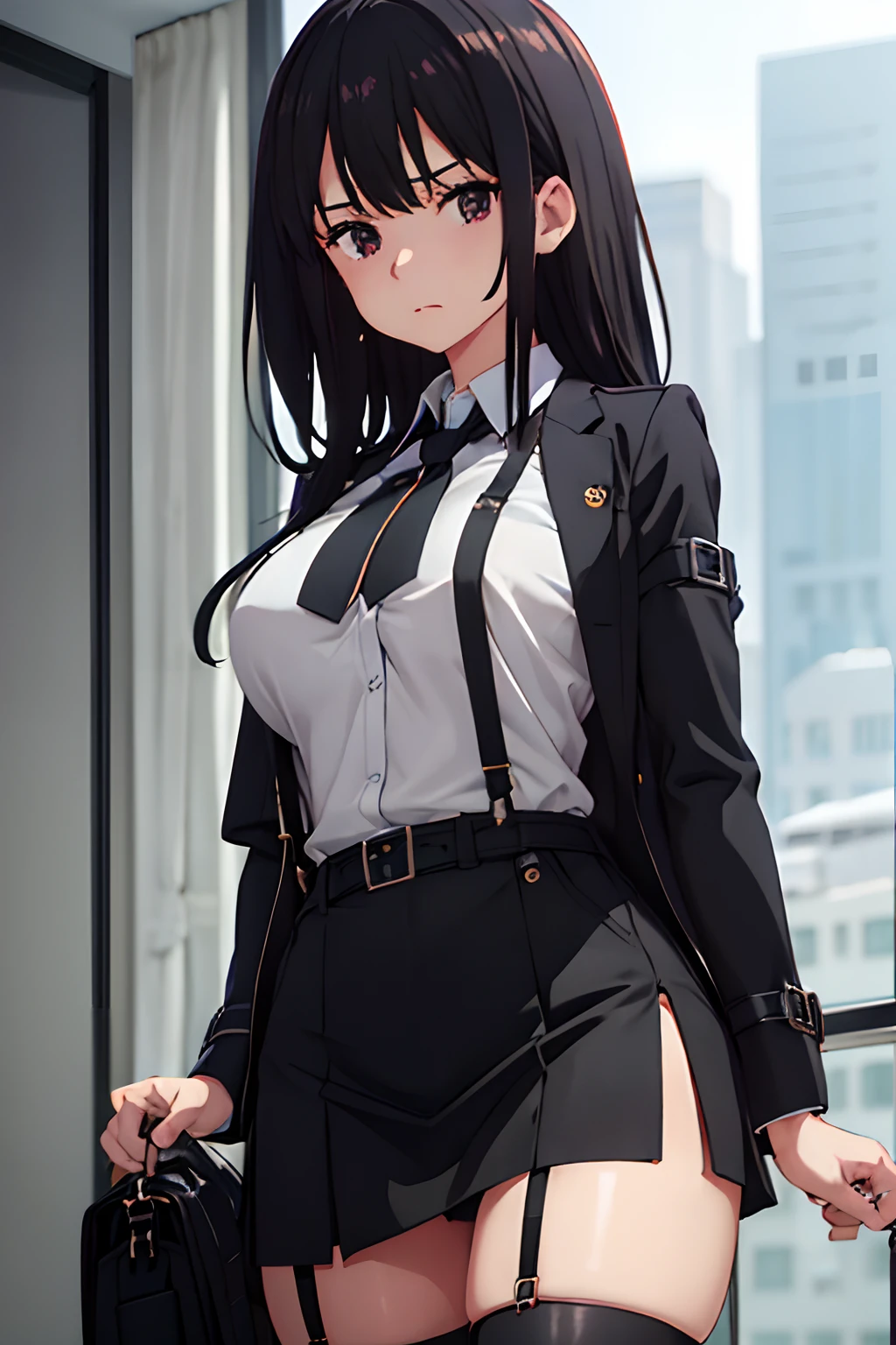 Suit,Collared shirt,Belt bag,Suspenders Black Miniskirt garterbelts knee high Stockings Black Niso Colorcon armpit sweat perspiring Side of both hands,Black jacket,Gaze,ample bosom,Armpit sweat,Exposing the armpits"Tight clothes、Cuffed、wristbands