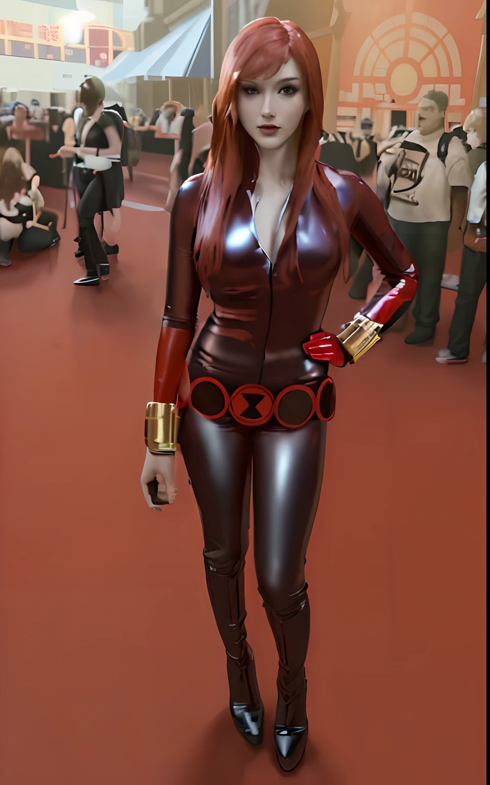 The image features a woman with red hair, dressed as the character Black Widow from the Marvel Cinematic Universe at a public gathering. She is wearing a black leather catsuit, a belt with three gold circles, and high-heeled boots. Notably, a black wristband is present on her right hand. Positioned in a ready-to-run posture, she portrays confidence and a bold personality as she strikes a pose with her hands on her hips amidst a bustling crowd.