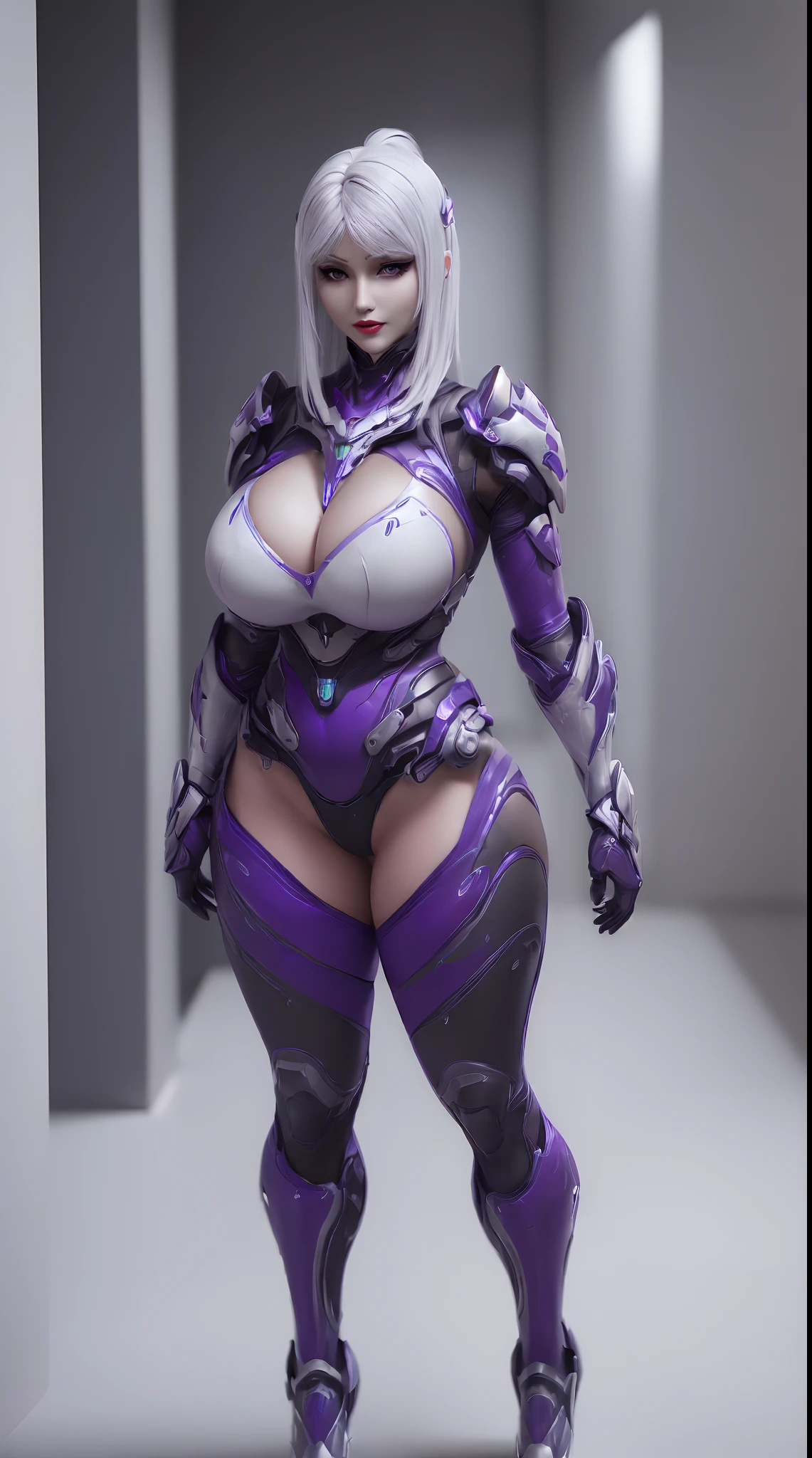 (1GIRL,SOLO:2), (super detailed face), ((BIG BUTTOCKS, HUGE FAKE BREASTS:1.5)), (CLEAVAGE TOP:1.5), (11 LINE ABS FEMALE:1.4), (MECHA GUARD ARM:1.4), ((WEAR PURPLE BLACK OVERWATCH MECHANICAL ARMOR SUIT, BLACK MECHANICAL SKINTIGHT SUIT PANTS, MECHA GUARD ARMOR LEGS, HIGH HEELS:1.5)), (LEWD VOLUPTUOUS BODY:1.3), (GLOWING SKIN:0.8), (LONG LEGS, FULL BODY:1.1), (LOOKING AT VIEWER:1.3), (female focus:0.886), (WALKING DOWN HALLWAY OF FUTURISTIC SPACE STATION:1), (BRIGHT LIGHT WHITEROOM:1.3), SUPER TEXTURE, UNREAL ENGINE RENDER, PHYSICALLY-BASED RENDERING, ULTRA HIGHT DEFINITION, 16K, 1080P.