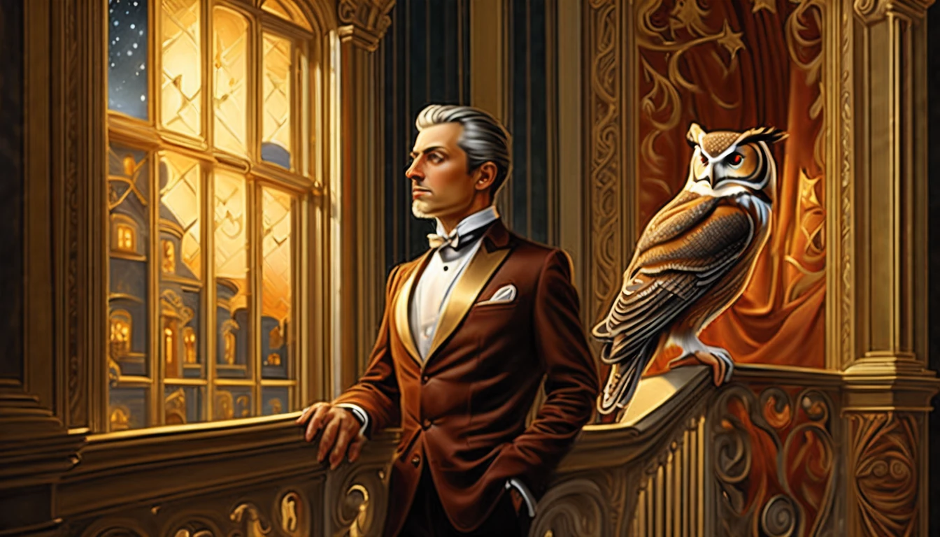 (((gentle butler with owl perched on his shoulder of intricate detail illustration:))), ((star night outside the window of strolls down the grand hallway:1.3)), Inside the mansion of a high-ranking aristocrat illustration, In the midst of a lunar eclipse, the soft light from the lamps illuminates his path, peaceful and beautiful moment, warm and inviting atmosphere, (((stunning rich colored oil painting:1.3))), (((ultimate quality:1.3))), (((intricate insane detail:1.3))), (((extremely intricate details:1.3))), high resolution, highest quality, highly quality, (((meticulously detailed digital painting:1.3))),