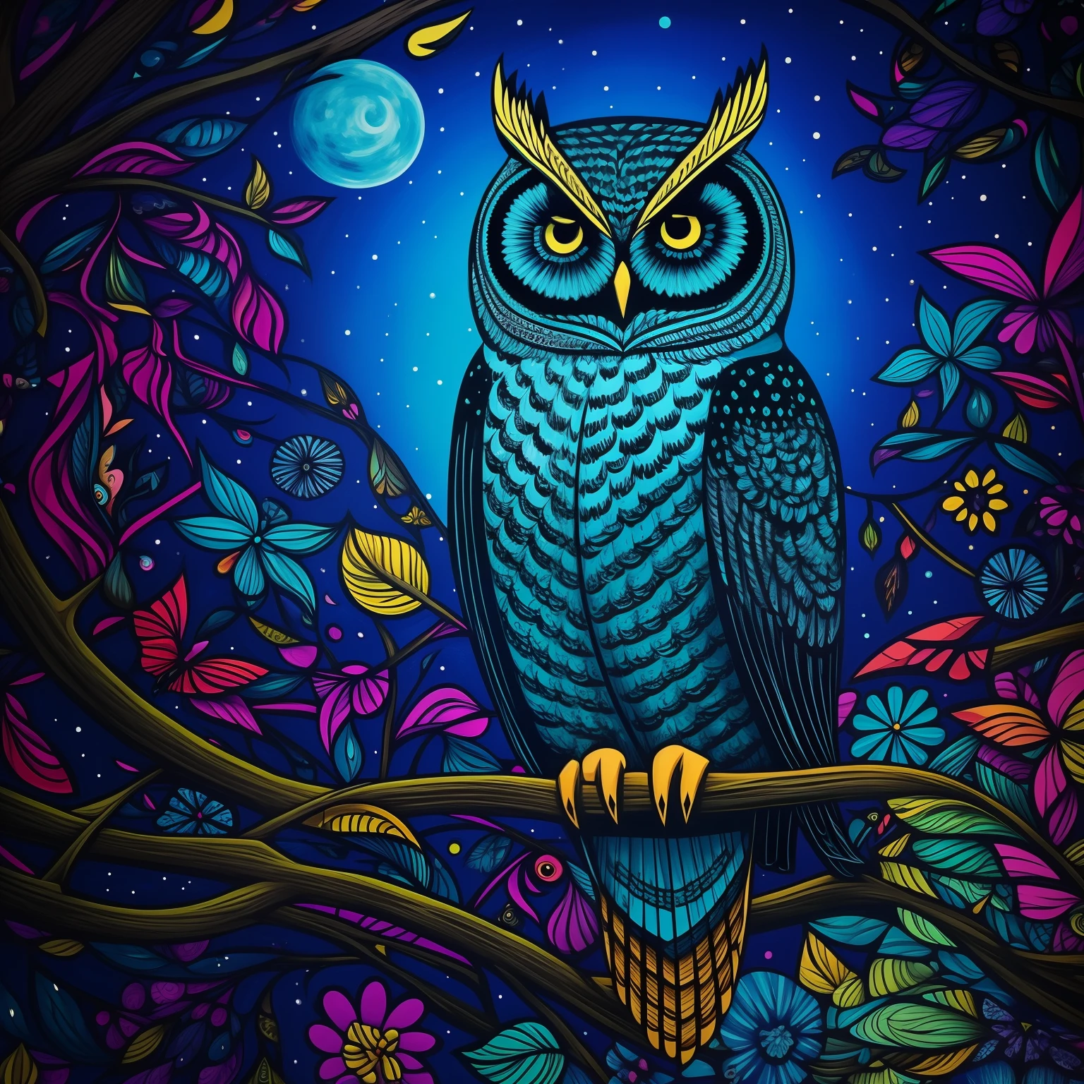 the owl, night bird, psychedelic art