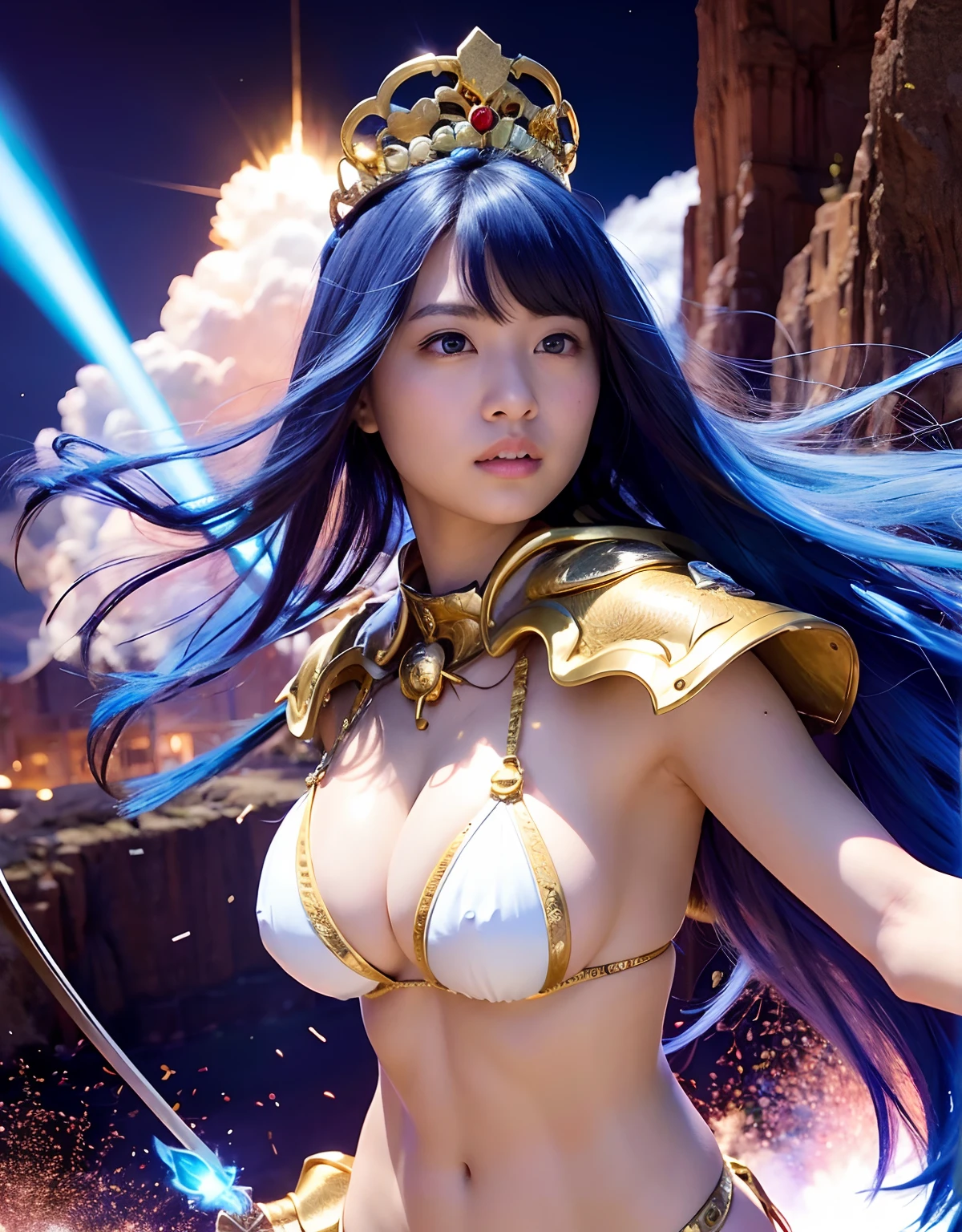 Professional , masterpiece、top-quality、photos realistic , 、top-quality、超A high resolution、(Photorealsitic:1.4)、Raw photo、depth of fields (Gemstone Gold Metal Body:1.9),(Matte White、Toostock、heavy breasts、(cleavage of the breast)、(((Micro Bikini Armor))),(Detailed Dragon Armor)、(Have the strongest weapon)、((Random Hairstyles 1.6),Dark Fantasy,)explosions、intense fighting、(Precipitous cliffs),Dragon Gold Weapon,Mystical expression、Particles of light、Fight dragons、(Detailed Dragon Helmet),Gorgeous Silver Weapons ,(( Dragon's dense and gorgeous sword)) , Beautiful knife ,warhammer 40k ,Detail and gorgeous tiaras、((Blue hair))、(Castle background)、、((Gangle's forest background))、Beautiful Caucasian beauty、1a person、dynamic ungle,(((With detailed shielding)))、Smaller head、A smile、Castle background、Thin and beautiful female hands、cleavage of the breast、Soldier in iron armor on background、Mystical expression、Light Effects、intense fighting、Wind-effect、magic circles、With the legendary magic wand、(demonic wings)、Toostock、