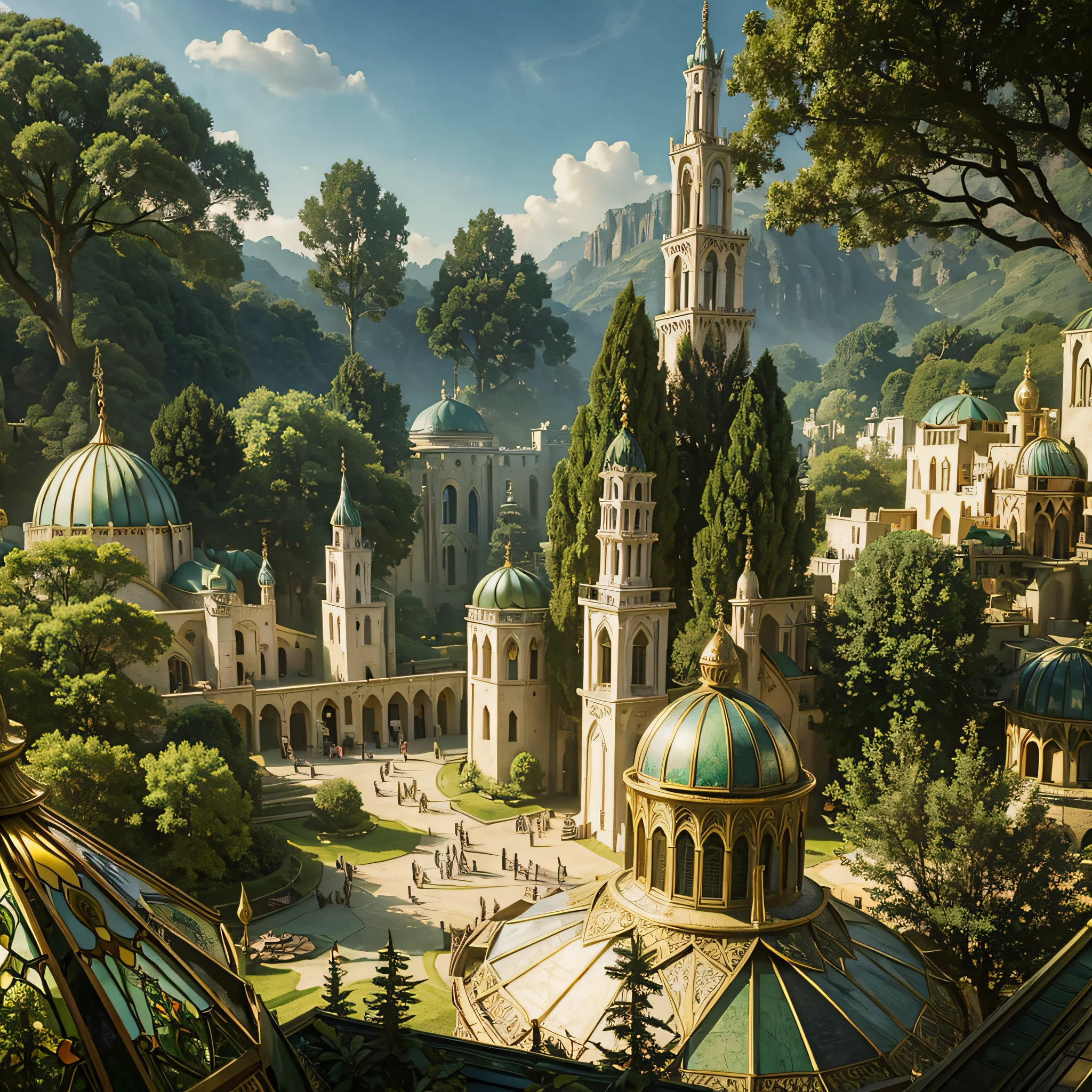 The elvish gohic-arab architecture city of the Elf Empire, one stained glass dome tower and  a crowd of elves in a market in a large public squares, in a forest flat landscape, Ultra-realistic, artistic, cinematic lighting, smooth details, masterpiece, perfect perspectiv, extremely finely drawn,  high quality depth map, no river