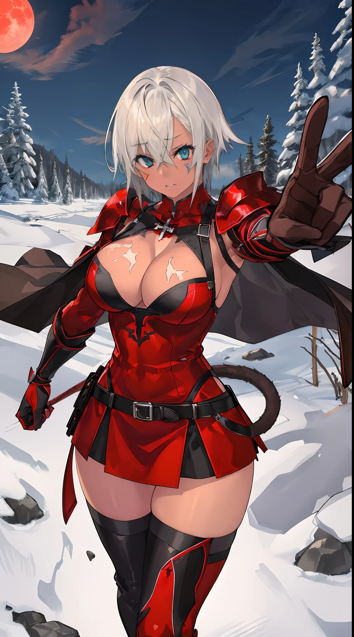 (Masterpiece, best quality), (highres, ultra-detailed), (absurdres, perfect anatomy), outdoors, 1girl, solo, dress, sela, large breasts, tan, necklace, white sleeves, thighhighs, muscular, thighs, full body, priestess, church, religous, pants, coat, pullover, boots, body suit, at viewer, armor, shoulder armor, red dress, cross-laced cutout, cleavage, black undershirt, long sleeves, pelvic curtain, brown gloves, belt, black thighhighs, thigh boots, stance, reaching out, incoming hug,full body,(masterpiece, best quality), outdoors, night, red moon, cowboy shot, 1girl, solo, SabrithEbonclawManityro, heterochromia, slit pupils, facial mark, scar across eye, cat tail, tattoo, red theme, toned, forest, looking at viewer, armor, shoulder armor, red dress, cross-laced cutout, cleavage, black undershirt, long sleeves, pelvic curtain, brown gloves, belt, black thighhighs, thigh boots, stance, reaching out, incoming hug,
