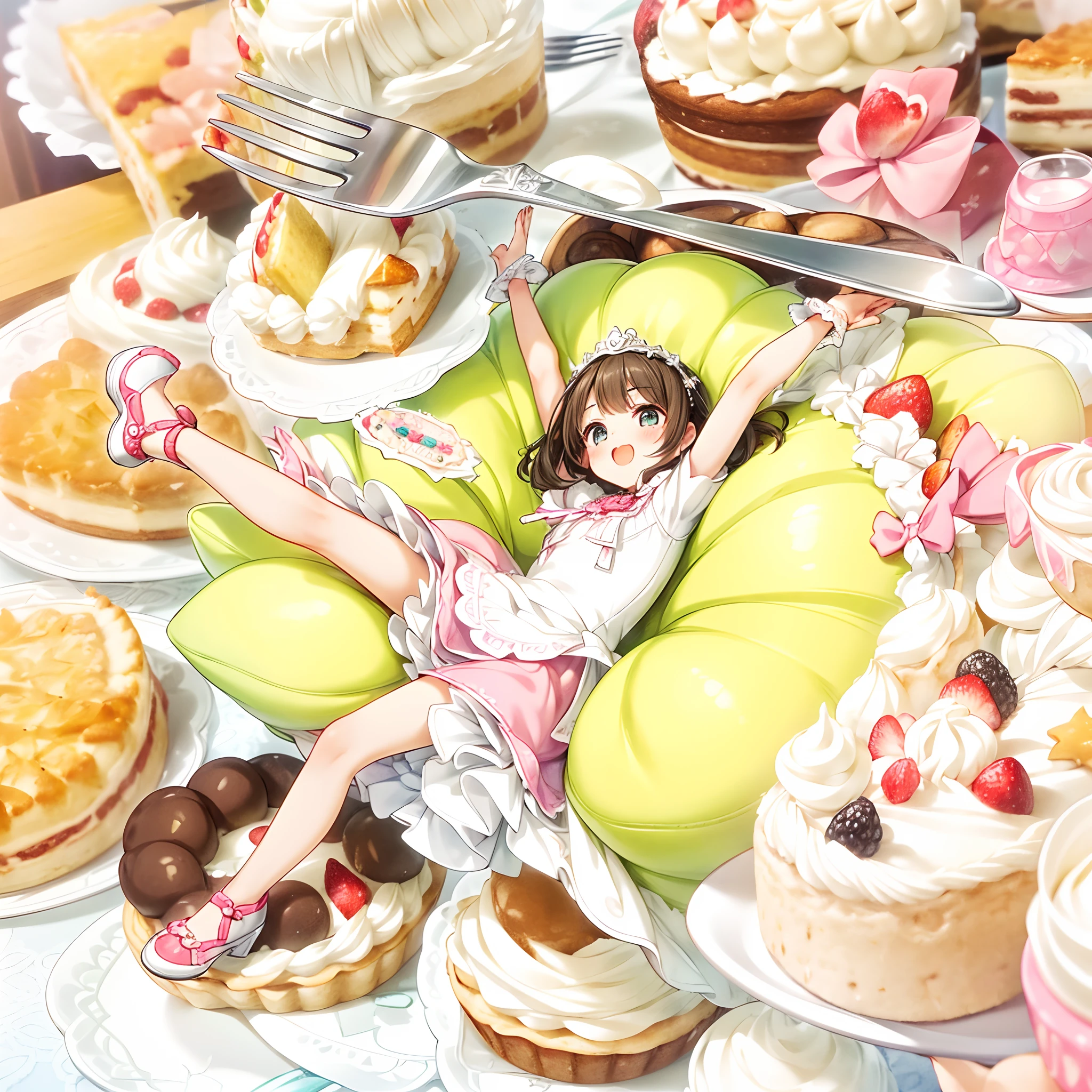 (a master piece of storytelling),(beautiful pretty cute face:1.4), (1  girl in priness dress and doll_shoes holds a huge fork as tall as herself in both hands) ,laughing, happy,(Lots of dessert:1.3) ,(Large_cakes:1.4),(Surrounded by a lot of cake and desserts in background),High quality,Best quality,8K wallpaper,Ultra-detailed,high resolution,(Intricate details:1.3),(Ultra-detailed:1.3),(Sharp focus:1.3),(Natural lighting:1.05),(Vivid colors:1.3),Perfect anatomy,Perfect hands,Extremely detailed eyes,Extremely detailed body,extremely detailed finger,Dynamic hair,kawaii,cute,colorful