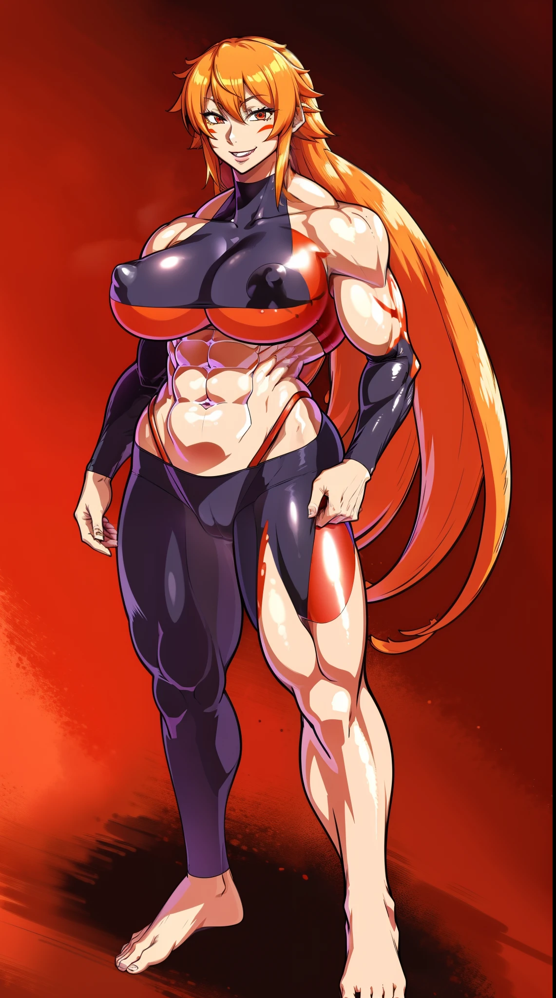 fuuma kotarou, red eyes, face mark, body mark, long hair, orange hair, muscular female, abs, smile, full body, oil painting, vibrant colors, soft lighting, best quality, ultra-detailed, , portraits, warm color tone, full body, standing, feet, crazy smile,