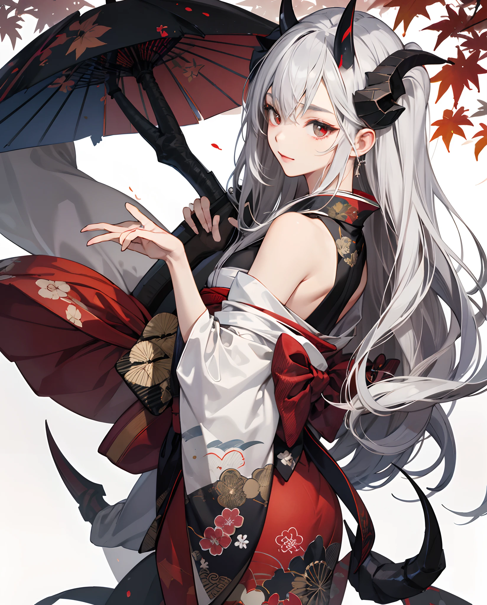 Demon motif、He had gray hair and one of his horns was broken.(Horns are red→ white → black)Wearing a kimono、There is a maple pattern on the hem.、Petite woman with both shoulders out