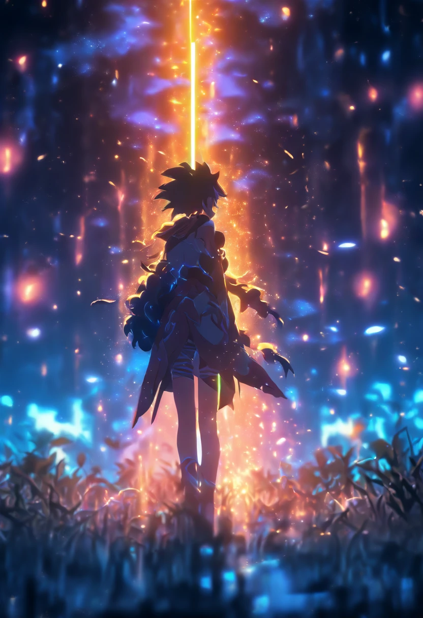 (Masterpiece:1.2), best quality, (illustration:1.2), (ultra-detailed),Eye focus,(Masterfully crafted Glow), (Cinematic background), hyper details, (delicate detailed), (intricate details), octane render, hdr, (hyperdetailed:1.15), (soft light:1.2) paint teardrops, entirely paint, splat, splash,(Cinematic masterpiece), fierce, powerful, splashes of colour absolutely eye-catching, (Cinematic headlight), ((caustic)), dynamic angle, beautiful detailed glow, ambient occlusion, ambient light, raytraced reflections,(best illumination, an extremely delicate and beautiful), ((cinematic light)), (soft:2), landscape, dreamscape, neon lights ,trees, starry skies, moon, sun, golden hour,(glowing spear)