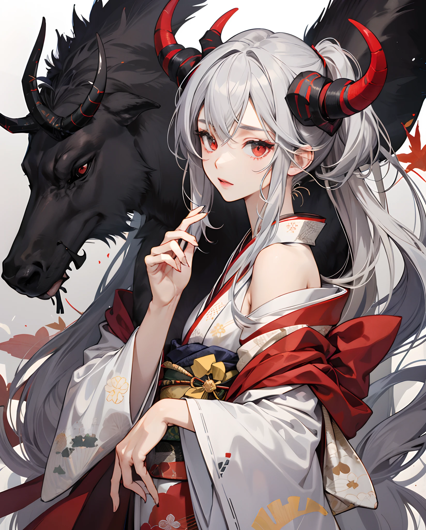 Demon motif、He had gray hair and one of his horns was broken.（Horns are red→ white → black）Wearing a kimono、There is a maple pattern on the hem.、Petite woman with both shoulders out