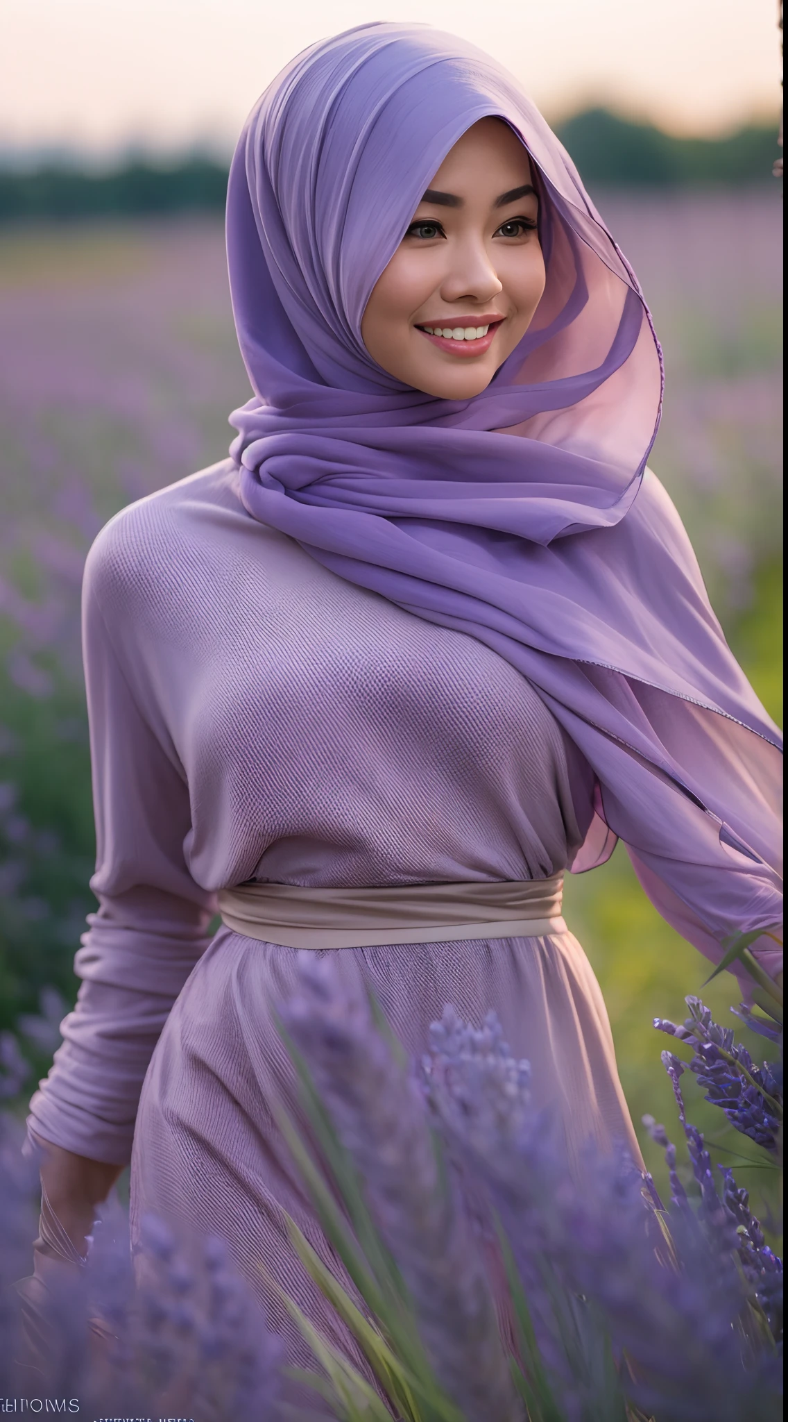 Malay girl in long hijab wear baju kurung, pastel color, walking in Lavender Fields, Provence – France , windy, blown her hijab, front view, detail skin, detail skin texture, mole below eyes, small breast, wide hips, small waist, thick thigh, slim abs, beautiful body, sunrise, laughing, happy, bright lighting, blur background, bokeh, 4k, ultra detail, high quality photo,